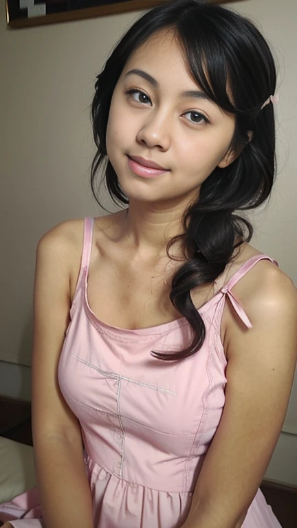 Gentle portrait of a beautiful Asian woman, flowing hair, captivating blue eyes, delicate features, radiant smile, natural makeup, elegantly dressed, ((Pink colour Boatneck Sleeveless Vintage Tea Dress)),  ( hair adornment、bow ribbon、frilld、shairband、Jewelry Accessories ), gentle expression, slight blush, warm skin tones, fantastic lighting, soft shadows, high-resolution digital painting, realistic style, artistic interpretation, by a skilled portraitist.