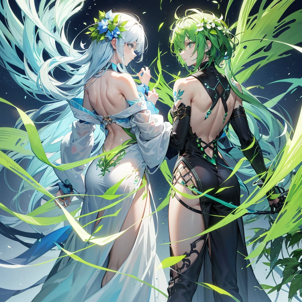 a male hybrid of a human and a flower plant. His hair consists of small flowers that are constantly blooming and changing color depending on his mood. His skin is green in color with patterns reminiscent of a leaf network. The veins in the arms and legs glow with a soft green light. Large flowers grow from its shoulders and back, which it can use as a weapon or shield in case of danger.