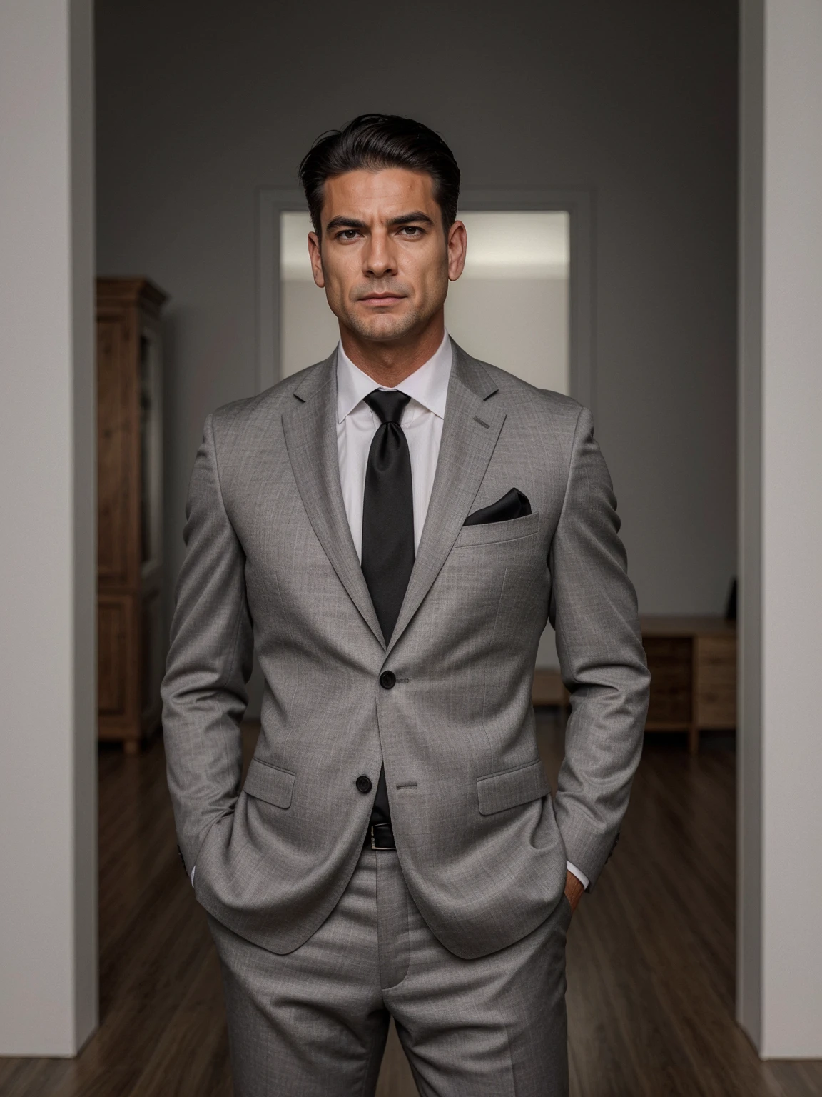 ((best quality)), ((masterpiece)), (detailed), (3/4 body visable), (standing), middle aged man, suit, muscle, fit, slickback haircut, slightly gray and black hair color, brown eyes, powerfull look, domination pose,