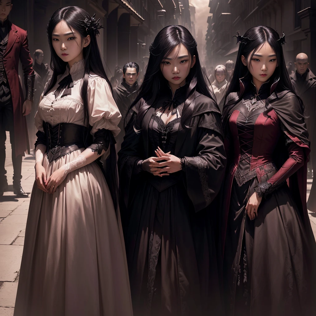 a vampire man in the center, 2 asian girls beside him, detailed facial features, detailed clothes, dramatic lighting, dark fantasy, cinematic, chiaroscuro, dramatic shadows, moody colors, deep blacks, high contrast, gothic, dark romance