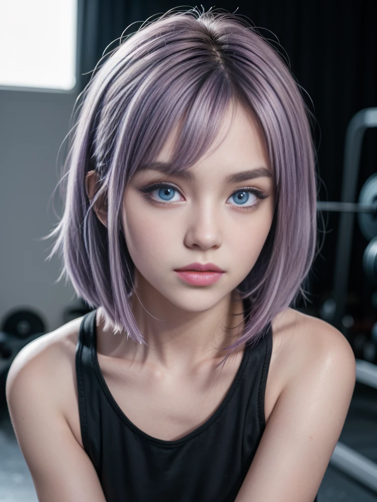 1 Woman, in gym, ((Light purple hair)), Bob Hair, ((big blue eyes)), Model appearance, cute face, 20 years old, ((Black sportswear)), high quality, 8k