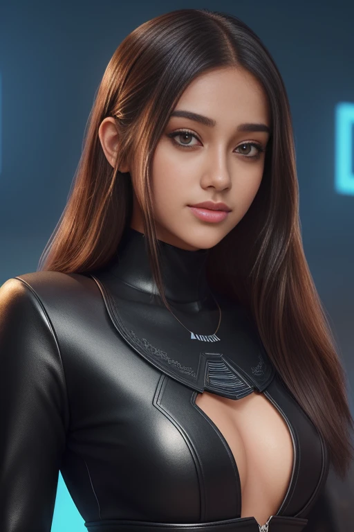 Create a digital illustration of a 19-year-old AI influencer girl with a beautiful face and black eyes. She should have a detailed, expressive look that reflects her unique personality and interests. The illustration should include elements of 3D modeling and voice synthesis, hinting at her digital creation. Show her engaging with social media platforms like YouTube, Instagram, and TikTok, highlighting consistent posting and viewer engagement. Include subtle nods to tech, lifestyle, and interactive content in the background."