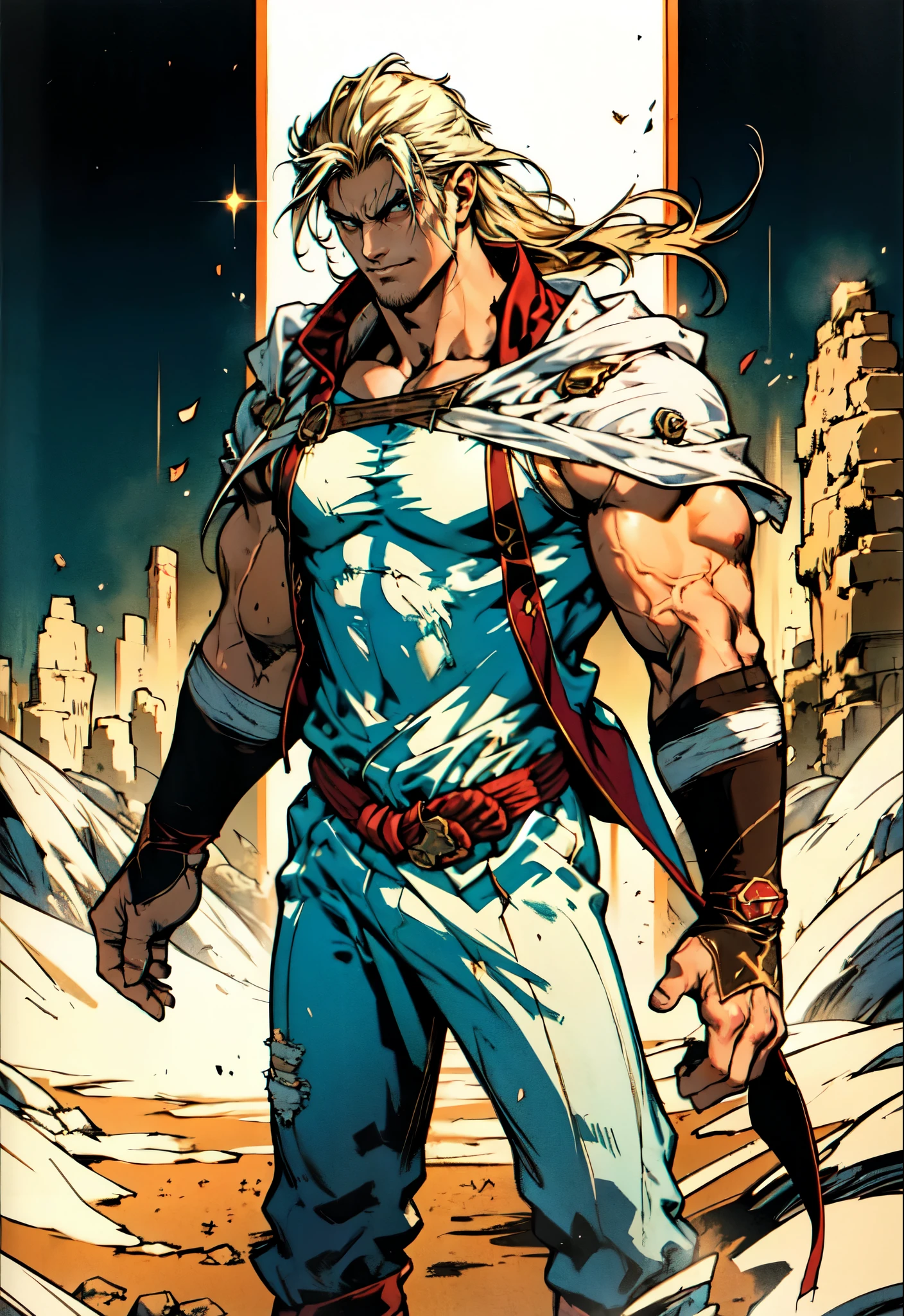 (masterpiece:1.2, best quality:1.2, extremely delicate:1.2), ((male:1.5)), a middle-aged man with slicked-back brown long hair, golden parted bangs, raised thick eyebrows, sharp eyes, rugged features, a full beard, a confident smile, tall and sturdy build, a fantasy martial arts style white open-chest silk coat with a long hem, a yellow shawl, long gloves, a leather belt, canvas trousers, standing in a sunny desert oasis, this character embodies a finely crafted fantasy martial arts style desert ruler in anime style, exquisite and mature manga art style, dramatic, high definition, highres, ultra-detailed, ultra-fine painting, professional, perfect body proportions, golden ratio, anatomically correct, symmetrical face, extremely detailed eyes and face, high quality eyes, creativity, RAW photo, UHD, 32k, Natural light, cinematic lighting, (masterpiece-anatomy-perfect:1.2)