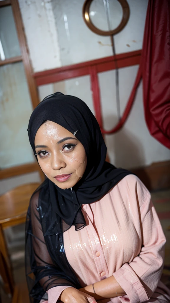 25 years old, mature Malaysian woman, Hijab, Malay dress in the rain, sleeping in a hotel, lots of sperm all over