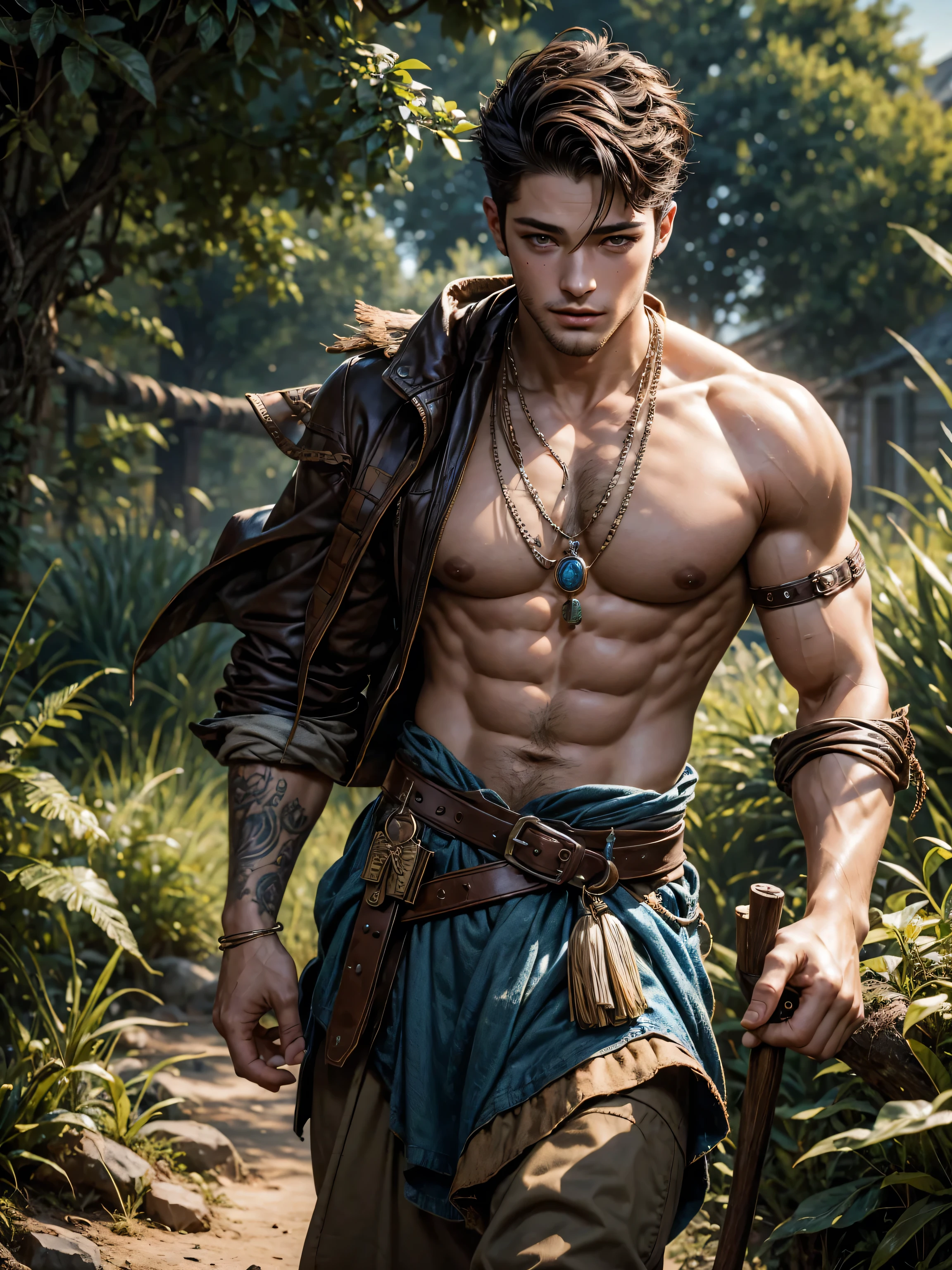 Chico Lachowski, a handsome and perfect-bodied model, transformed into a fantasy-era farmer with perfect eyes and detailed features. He wears a rustic tunic made of earthy tones, with a wide leather belt around his waist and sturdy boots that have seen many seasons of hard work. His hair is short and neatly trimmed, with a slight fade at the sides and a small pompadour on top, giving him a rugged yet charming look. His eyes are a deep shade of blue, filled with a sense of wisdom and experience. He carries a wooden staff adorned with small trinkets and charms that reflect his connection to the land.