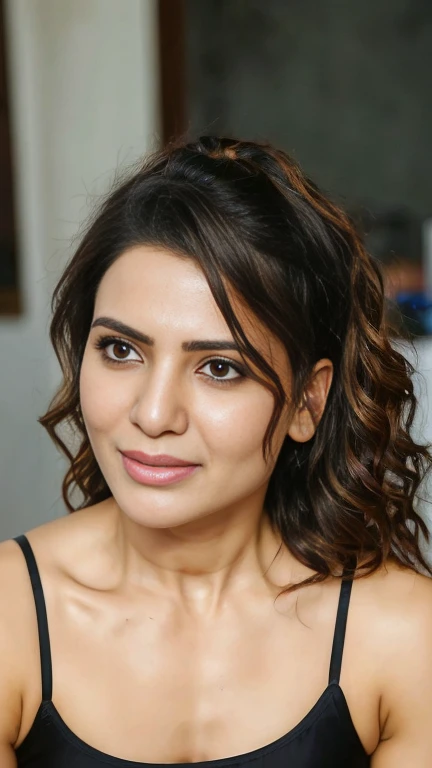  Top down view,free shaggy hair, A photograph of beautiful samantha ruth prabhu showing her half body, messy long free black hair, sunlight, ((lingerie)),clear forehead, capturing a home-made photo from bedroom,biting her lips sexily, looking up into camera, She looks into the camera with black pupil eyes, Background is a messy middle class bedroom,half body seen, realistic, Soft, cool light filter, casting a golden glow on her face, average size,((clear forehead)), ((untoned abs)), half body, tongue out

Camera Settings:
Type of Photography: Selfie, Gear: Samsung Galaxy S21, Settings: f/11, ISO 100, 1/50 sec.