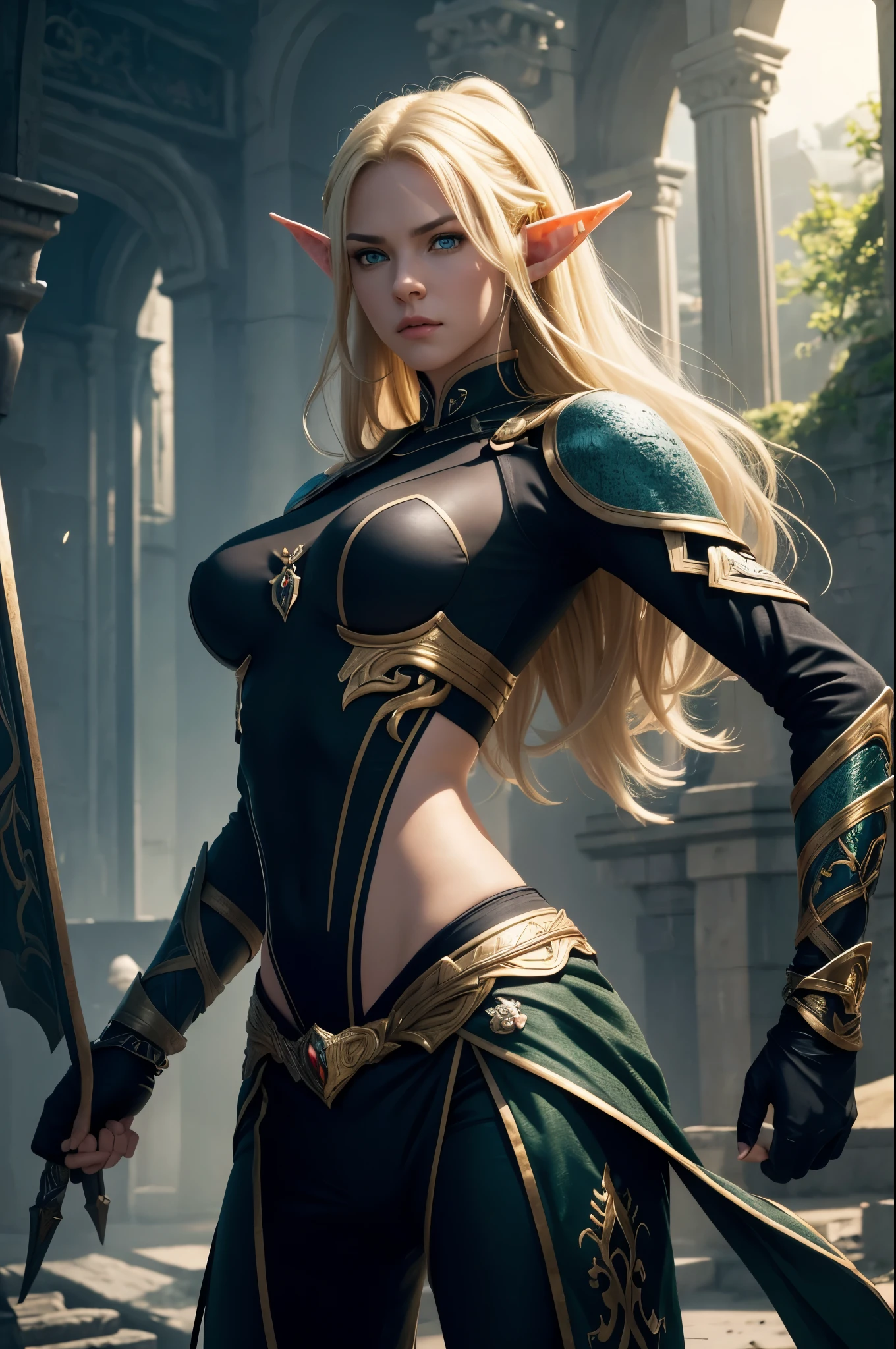 8k,Uplifting,An elf woman who serves as the vice-captain of the Brave Knights striking a fighting pose.,so beautiful(Like the real thing),Green Eyes,Elf Ears,Blonde Straight Hair,Muscular and slim body,Strongly defined abdominal muscles,Luxurious black exterior,Luxury Black Combat Trousers,sneer,Long, narrow eyes,masterpiece,Photorealistic RAW photos of the highest quality。Bright colors,Rich colors, Backlight, Cinema Lighting, Film Grain, to be born, 50mm lens, Nikon D850,Realistic Skin,Fantasy art,Character Art,Ultra-high resolution,Realistic scale skins,Perfect hand shape,View your viewers,Beautiful expression,1 comb&#39;hair,Gorgeous green and black very small chest armor,Luxurious black shoulder pad,Luxurious black gauntlets,Luxurious black armour,Luxurious black leg armor,View your viewers,Thin breastplate,Top-down view,close,Sharp Eyes,Dynamic fighting pose,Showing very little cleavage,Uplifting,