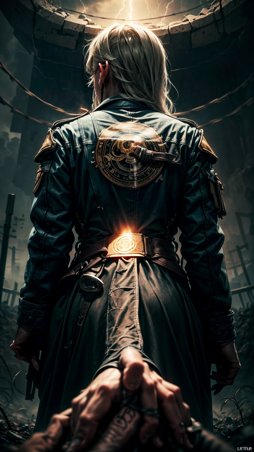 highy detailed, 16K high resolution, incredibly detailed image, cinematic, best qualityer, work of art, realisitic, detailed back ground, dramatic lighting, (beautiful and detailed illustration, pop art, work of art, best qualityer, ultra detali, soft lighting, cinematic shot, swirly vibrant colors, colors beautiful, (magic circle, glyph technology theme:1.1), war-torn battlefield trench, barbed wire in the background, Under buckshot, clouds of thunder, heroism, cinematic atmosphere,