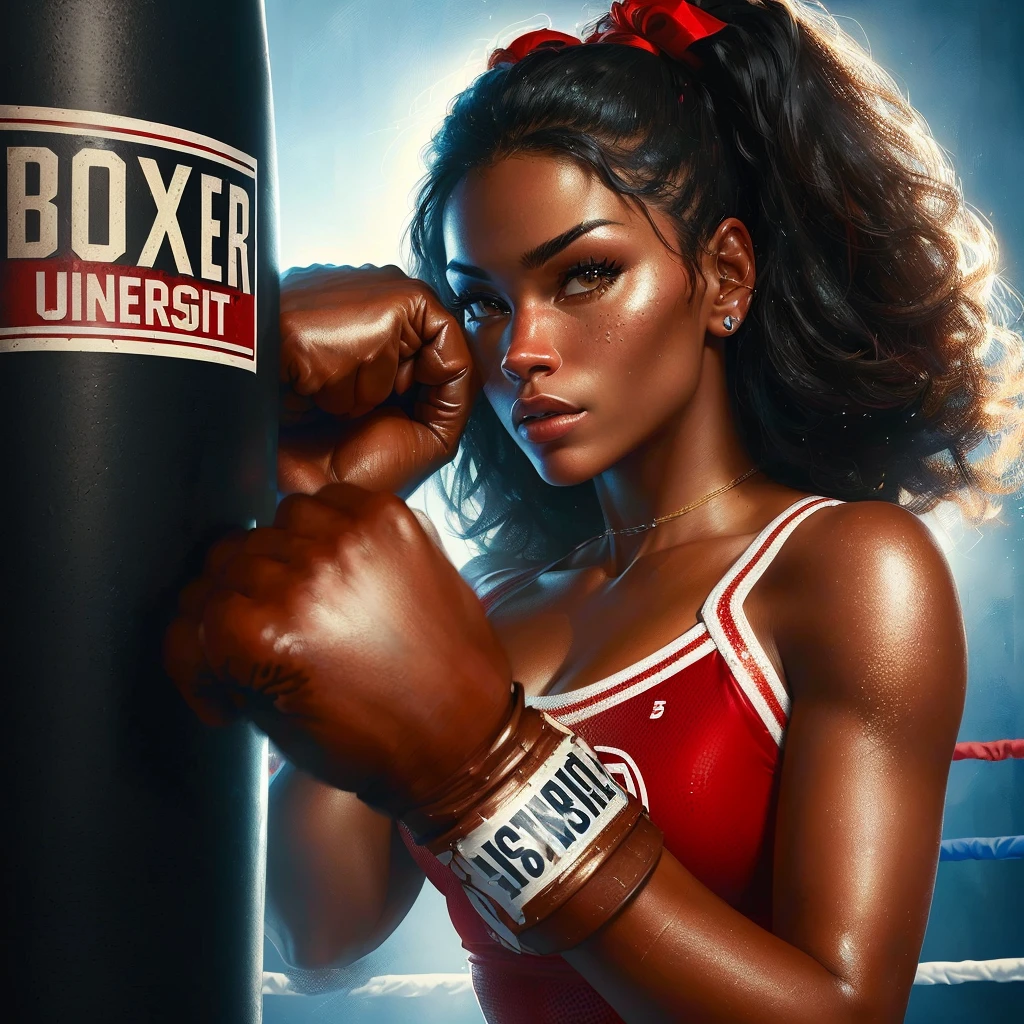 a close up of a woman in a boxing outfit posing for a picture, beautiful digital artwork, boxing, in a boxing ring, high quality portrait, official artwork, beautiful artwork, album art, photorealistic artstyle, boxer, stunning digital illustration, inspired by F Scott Hess, photorealistic art style, stunning artwork, hyperrealism artstyle, glossy digital painting