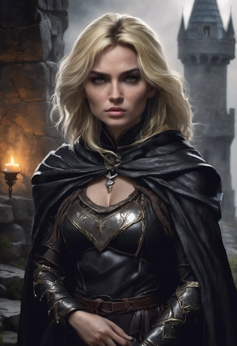 1 woman, she is a witch, inside a dark and gloomy castle made of stones, wearing armor with a black cloth cape around it, detailed facial features, female light brown eyes, detailed white skin, dark woman, blonde hair, dramatic lighting, cinematic composition, dark palette, dark colors, atmospheric fog, thin chin, serious face, serious face, strong and beautiful woman (best quality, 4K, 8K, high resolution, art: 1.2), ultra detailed (realistic, photorealistic, photorealistic: 1.37)