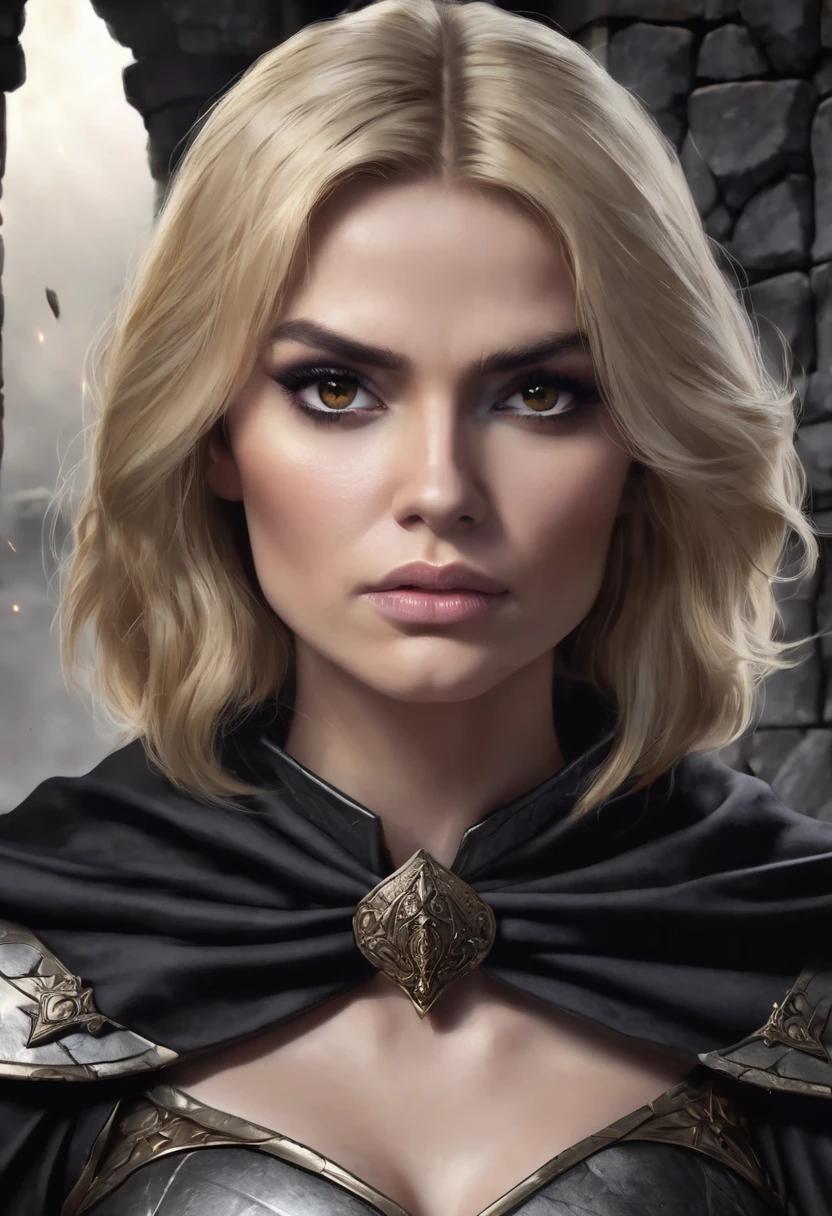 1 woman, she is a witch, inside a dark and gloomy castle made of stones, wearing armor with a black cloth cape around it, detailed facial features, female light brown eyes, detailed white skin, dark woman, short blonde hair, dramatic lighting, cinematic composition, dark palette, dark colors, atmospheric haze, thin chin, serious face, serious face, strong and beautiful woman (best quality, 4K, 8K, high resolution, art: 1.2), ultra detailed (realistic, photorealistic, photorealistic: 1.37)