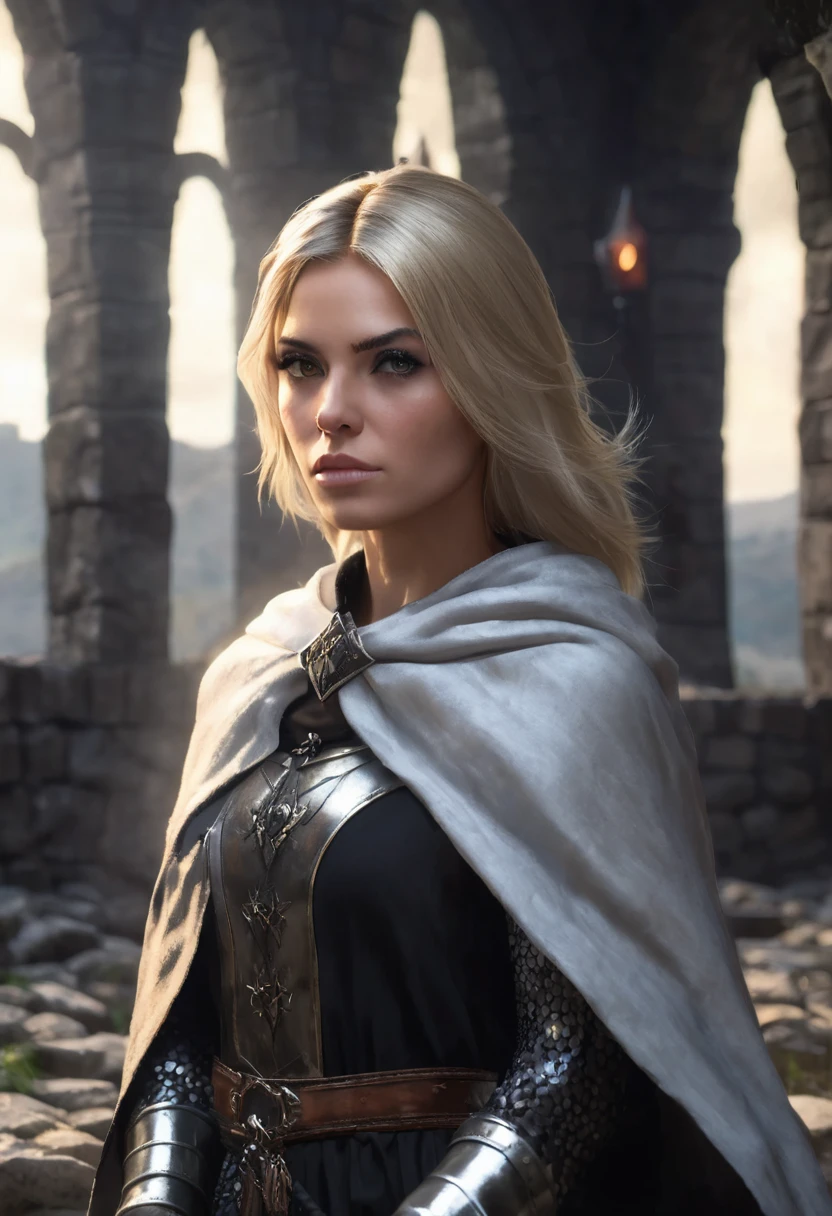 1 woman, she is a witch, inside a dark and gloomy castle made of stones, wearing armor with a black cloth cape around it, detailed facial features, female light brown eyes, detailed white skin, dark woman, short blonde hair, dramatic lighting, cinematic composition, dark palette, dark colors, atmospheric haze, thin chin, serious face, serious face, strong and beautiful woman (best quality, 4K, 8K, high resolution, art: 1.2), ultra detailed (realistic, photorealistic, photorealistic: 1.37)