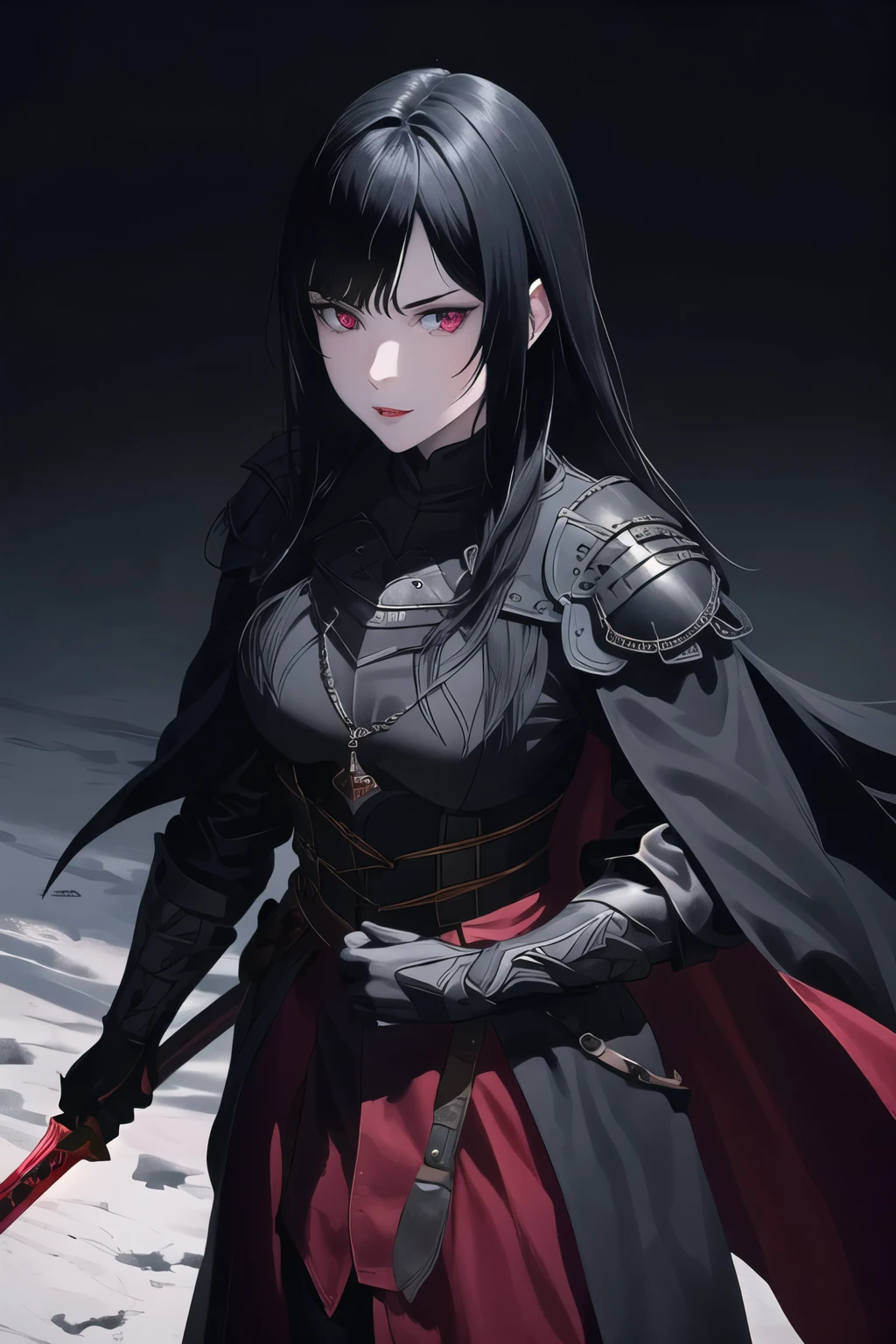 full body portrait, 1girl, solo, (long black hair), detailed face, mischief expression, pale white skin, pink eyes, detailed eyes, long eyelashes, black eye liner, red lipstick, black tunic, red cloak, long dress, leather glove, (hold sword), (chest armor), moonlight, hard lighting, blue light, cold light, (medieval theme), (masterpiece), super detailed, best quality, POV