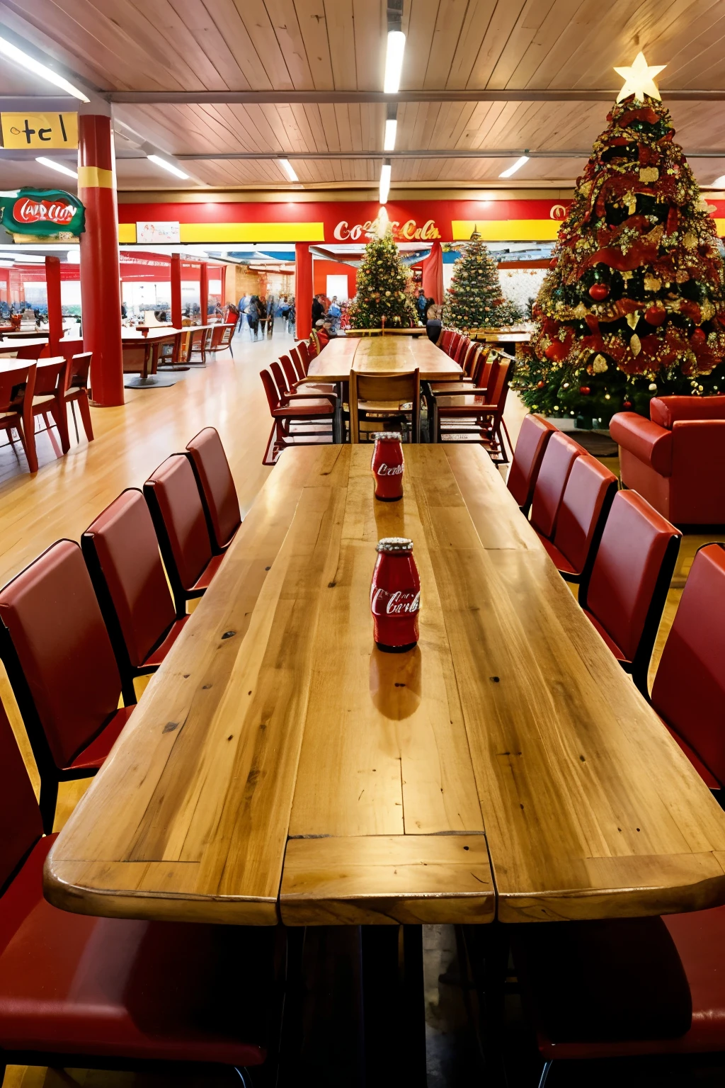 Family eating at a large wooden table at Christmas time.
In the center of the table is a large Coca Cola bottle. Food Court. Red and gold line dividers surround the table.
