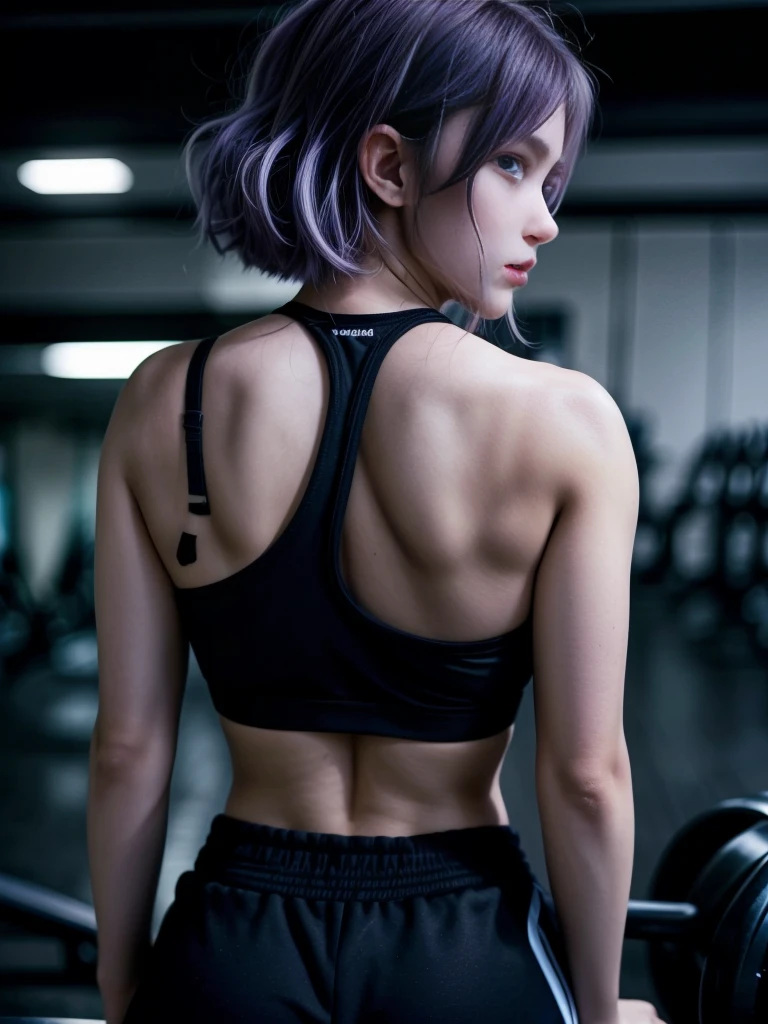 1 Woman, view from the back, ((doesn't look at the camera)), in gym, ((Light purple hair)), Bob Hair, ((big blue eyes)), Model appearance, fitness body, cute face, 20 years old, ((Black sportswear)), high quality, 8k
