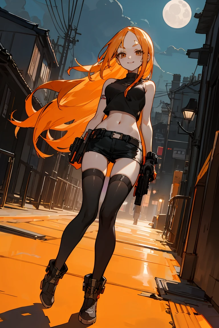 pale orange hair, long straight hair, forehead showing, long bangs, lively, bright expression, bright smile、ideal ratio body proportions,medium breasts,punk rock fashion、Black tank top、Navel is visible、black leather micro miniskirt、thigh_gap, black_thighhighs,standing,Holding a handgun in your hand、precise and accurate handgun、Trade port、warehouses lined up、Warehouse district、Tokyo、at night、moonlight、