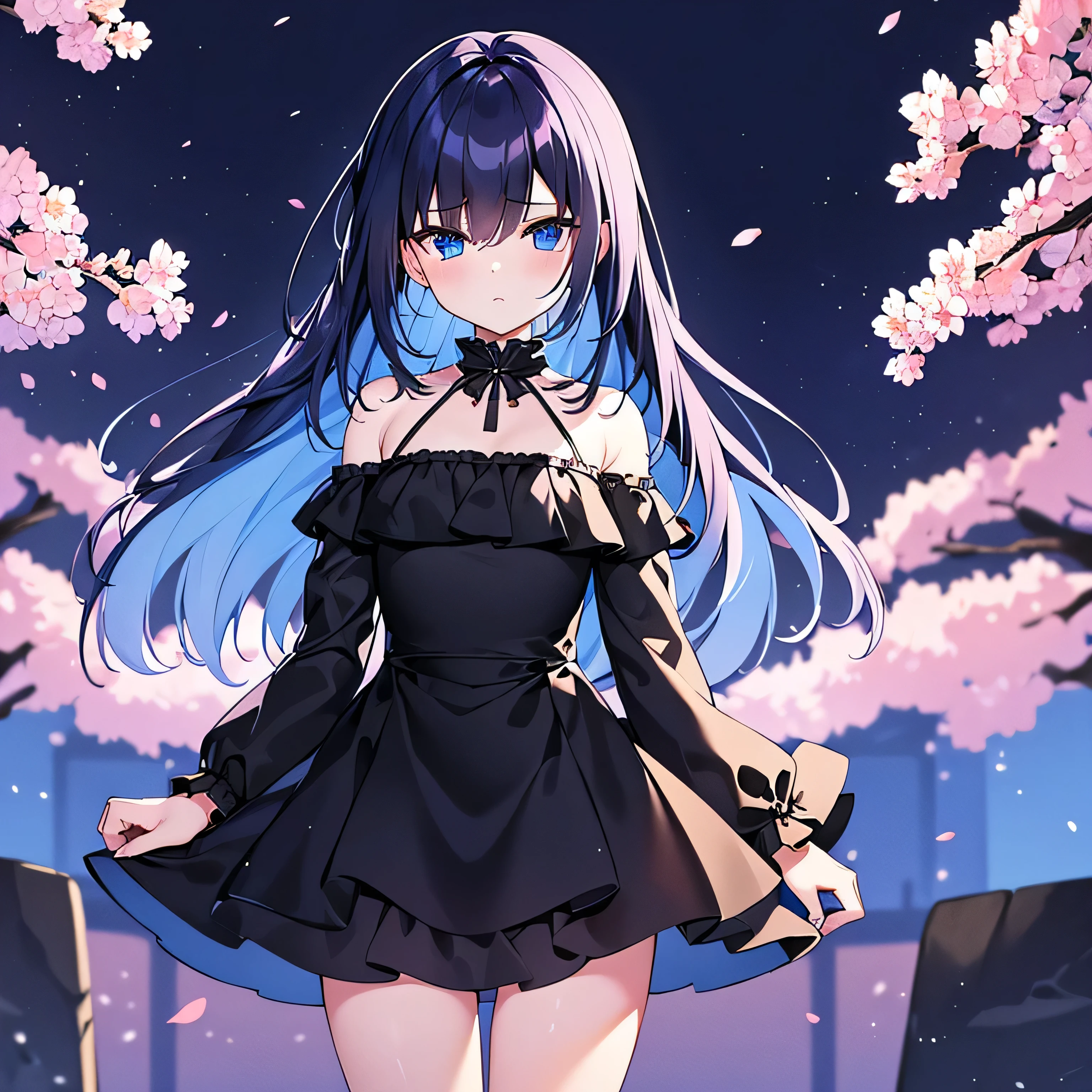 ((best quality)), ((masterpiece)), (detailed), 1girl, black dress, cobalt blue hair, blue eyes, cherry blossoms, blue background, nighttime, sad face