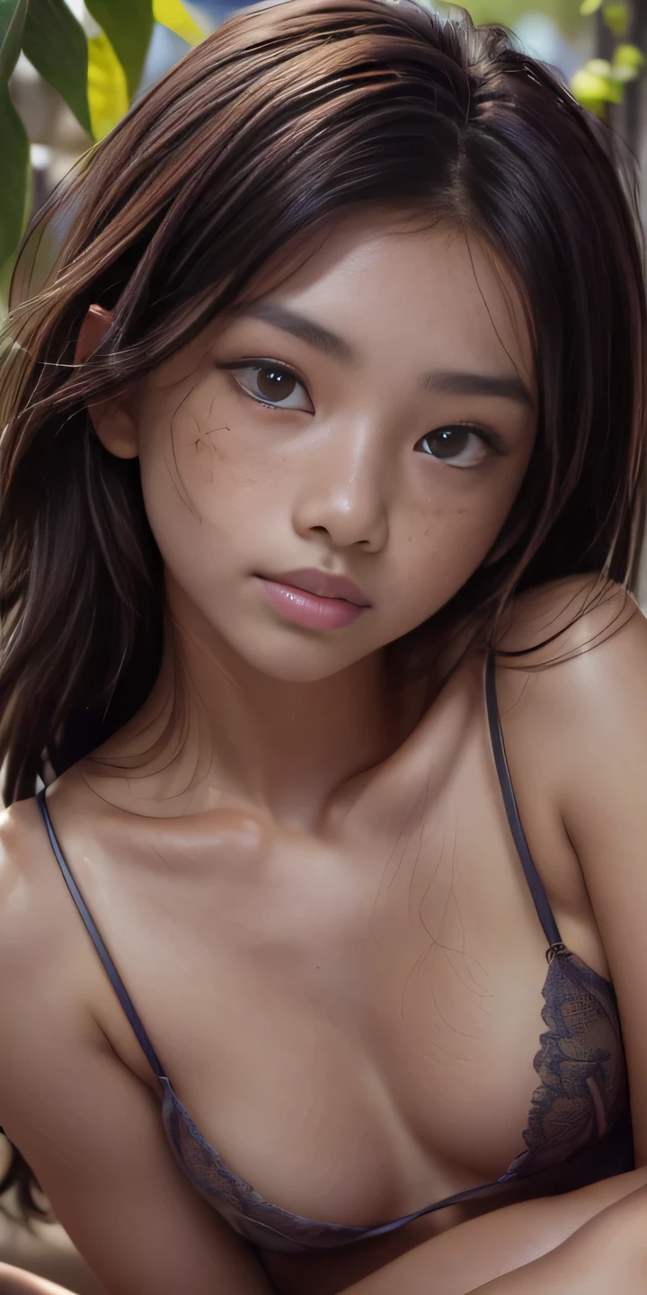 (portrait, editorial photograph of a beautiful asian girl, adorable face, freckles, long brown curly hair, hazel eyes, by lee jeffries, nikon d850, film stock photograph ,4 kodak portra 400 ,camera f1.6 lens ,rich colors ,hyper realistic ,lifelike texture, dramatic lighting, (highly detailed face:1.4), perfect eyes, realistic iris, perfect teeth, (smile:0.7), (background dark, shadow of the leaves, moody, cleavage), sun rising, early morning light, Wishing for something, masterpiece, best quality, photorealistic, Citizen of Guinea-Bissau, very cute super model, perfect anatomy, skinny, ((small breasts)), ((full body shot))
