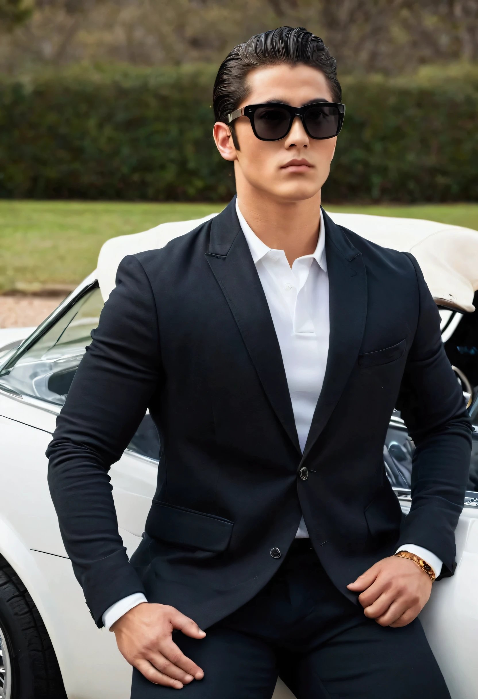 25 year old mature man preserved, elegant with dark glasses, worn elegantly, Let your whole body be seen, exercising with wide body and big legs, big arms,tight clothing preferably black blazer average size, sitting on the hood of his white sports car