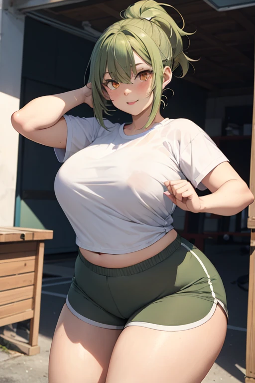 Chubby and voluptuous anime girl with olive green hair, orange eyes, styled in a ponytail, wearing blue shorts and a white shirt exercising.
