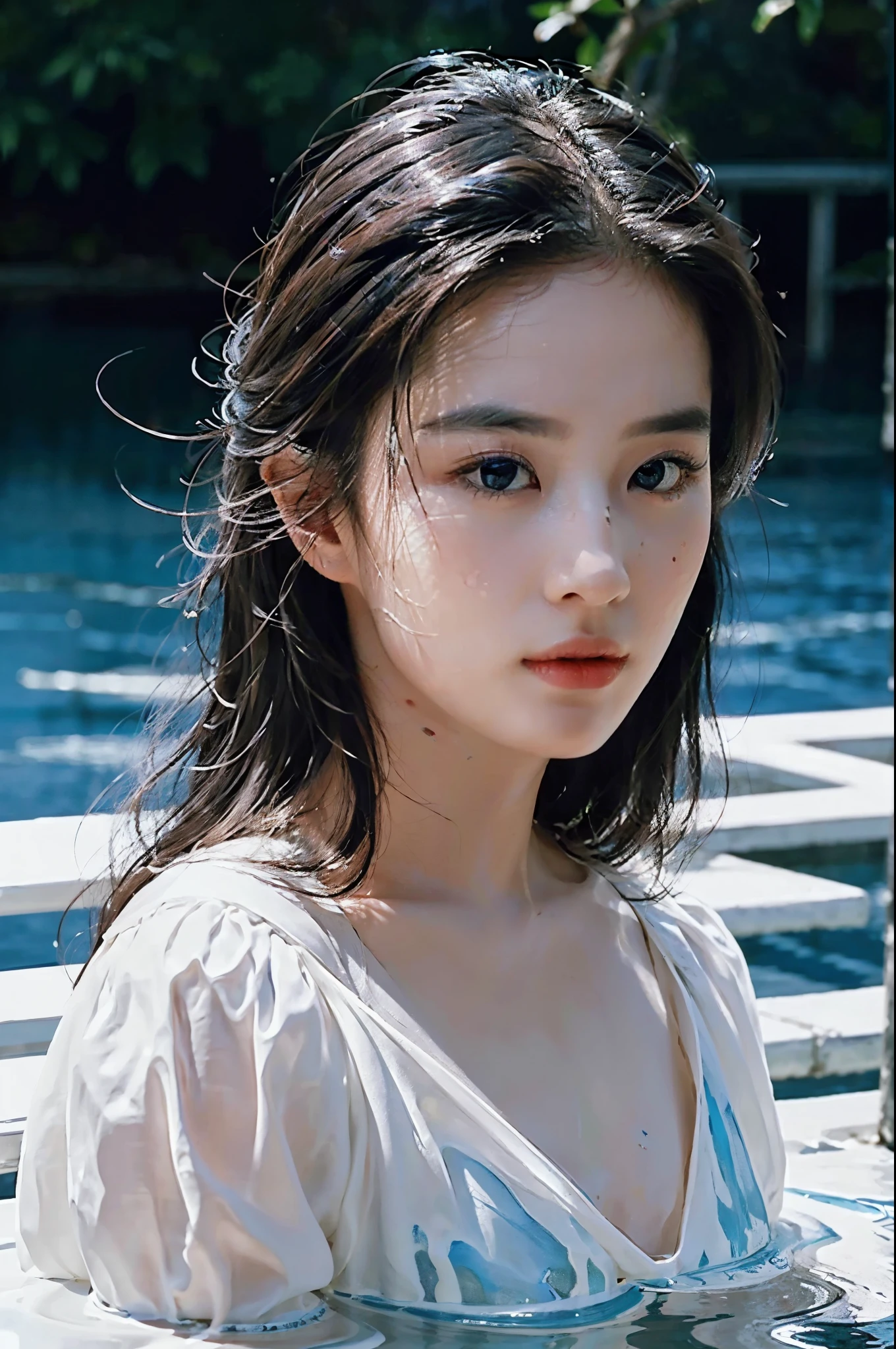 Seven part photos, masterpiece, best quality, Official Art, Extremely detailed CG 8k wallpaper,(Flying petals)(Detailed ice) , water晶质感皮肤, Cold expression, White hair, Long hair, Messy hair, blue eyes, Looking at the audience, Extremely refined, water, ((Beautiful and delicate eyes)), Very detailed, light,((Pretty Face),fine water surface, (Original figure painting), Very detailed, Very detailed, (Extremely refined), Beautiful and delicate eyes,