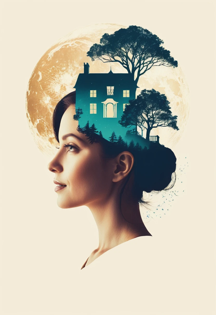 (Double exposure effect:1.5), style of Olly Moss, behance, minimalist, Cream Color background, woman's silhouette head, trees, haunting house in head, surrealism, wicked, smile, exoskeleton, side view, silhouette, moon, key visual, poster art, cosmic galaxy water