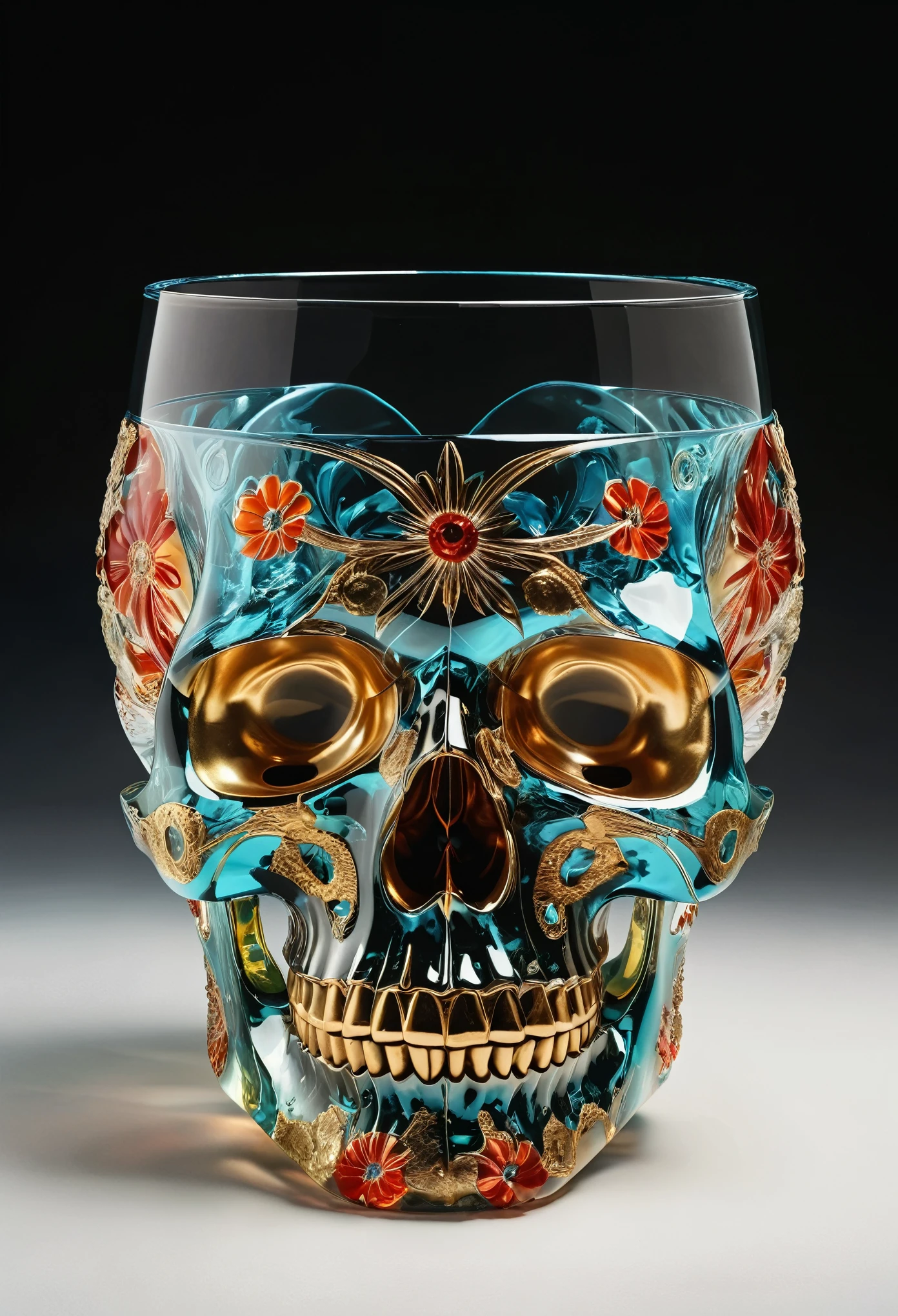 (best quality,4k,8k,highres,masterpiece:1.2),ultra-detailed,(realistic,photorealistic,photo-realistic:1.37),glass sculpture,skull-shaped,crystal-clear glass,fragile,elegant,fine details,master craftsmanship,exquisite design,highly intricate,delicate balance,translucent,reflective surface,subtle patterns,sublime artistry,metaphorical,mysterious fascination,play of light and shadow,ethereal vibe,hauntingly beautiful,pure aesthetics,sublime beauty,macabre elegance,luxurious feel,tactile texture,sublime balance,dark elegance,contrast between life and death,transparency,delicate crafting,polished edges,striking form,ceramic base,contrast between fragility and strength,unique charm,gothic allure,ghostly Skull Head Glass Cup,allure,epitome of artistry,impressive craftsmanship,marvelous masterpiece,majestic yet delicate,uniquely haunting,mesmerizingly eerie,exquisite resonance,embodying the enigmatic,artistic excellence,unveiling the mysteries of time,