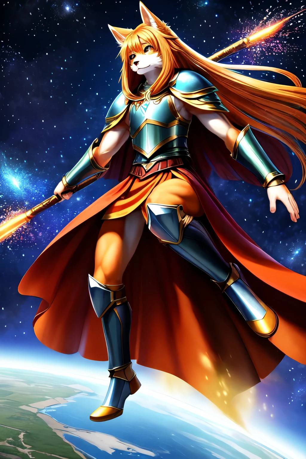 ((best quality)), ((masterpiece)), (detailed), 1 boy, kemono, anthro, furry, orange and white fur, orange long hair, full body, holding a war hammer, full body armor, very long armor robe, very long skirt, cape, epic, orange long hair, amazing, flying, charging an attack, epic pose, stars in the background, effects around him, charging, epic looking, golden accessories, galactic particles around body, guardian, god