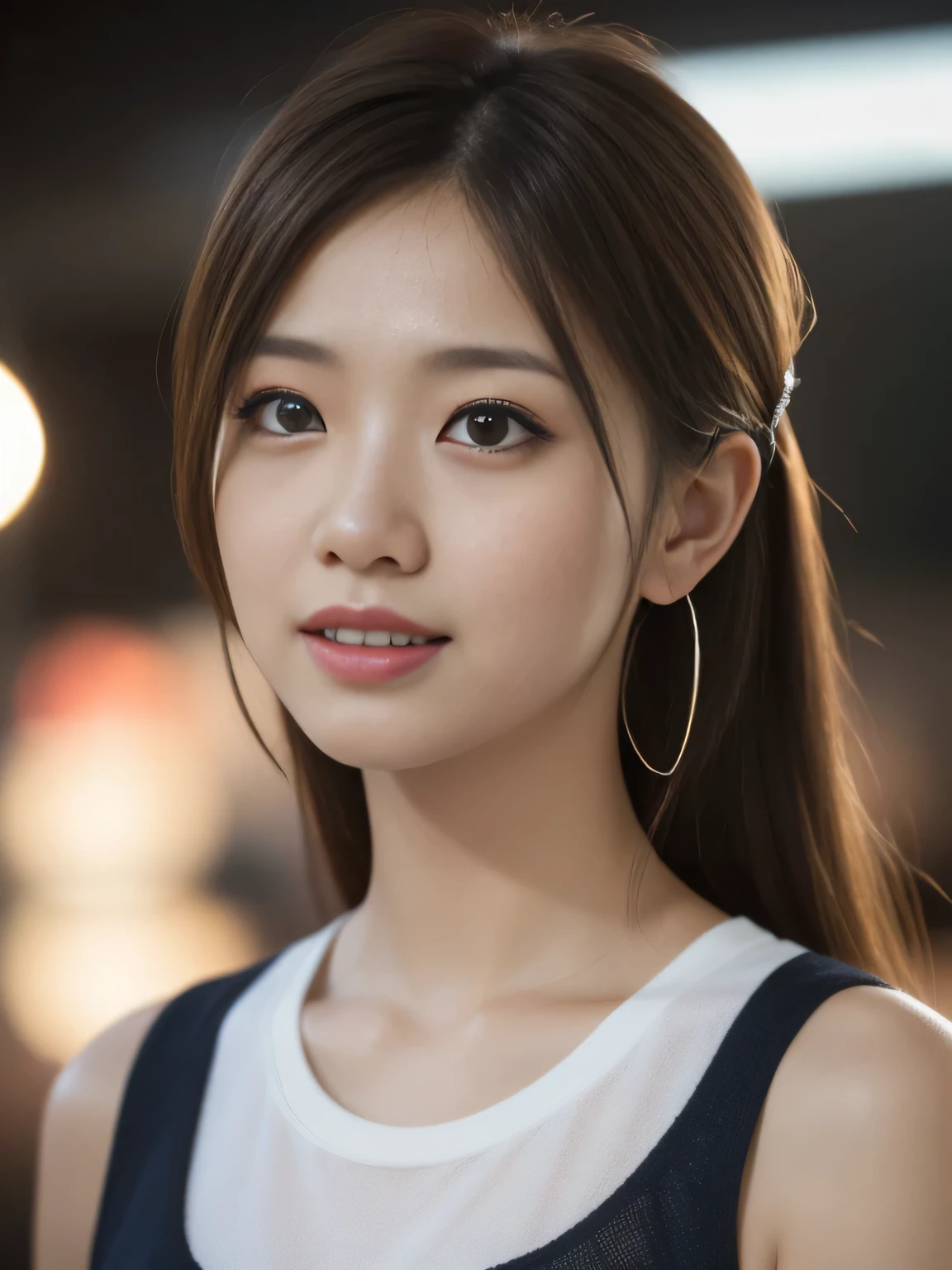 One Japanese woman, Close-up of face、Facing the audience、Watching the audience、Light brown hair、35-year-old housewife、(Skin-toned sleeveless T-shirt:1.3)、Highly detailed eyes and face, Beautifully detailed nose, Beautiful attention to detail, light brown hair, short ponytail, hair behind ear, widow's peak, hoop earrings, grin, depth of field, uhd, anatomically correct, textured skin, best quality, 8k, Sharp focus、Cinema lighting、