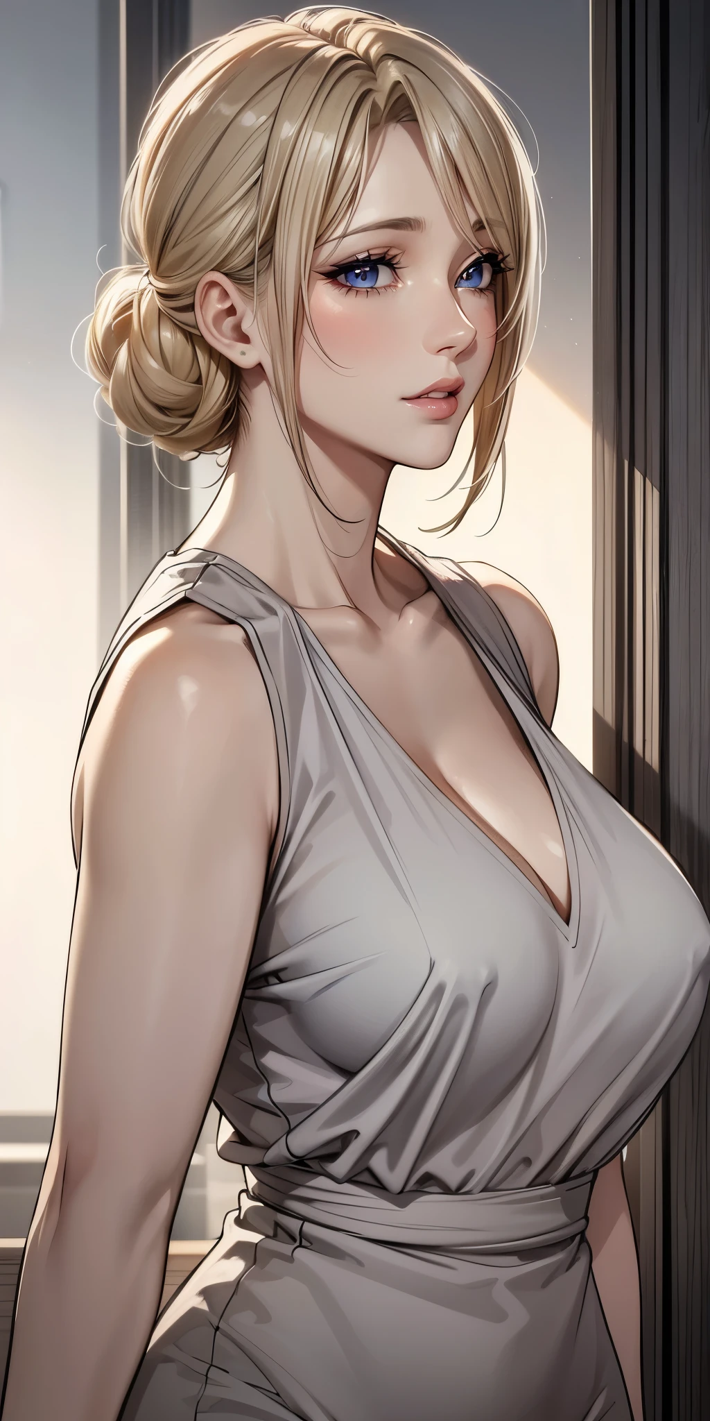Seductive mature woman, milf, blue eyes, blonde hair, soft light, 4k resolution, high quality, beautiful cg