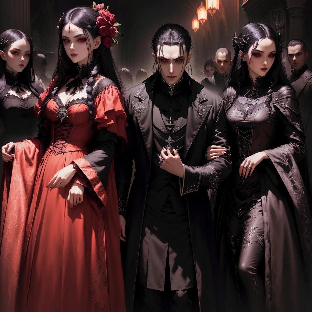 arafed image of a group of people dressed in gothic costumes, artstyle tom bagshaw, artgerm and tom bagshaw, kramskoi 4 k, vampire fashion, range murata and artgerm, carmilla vampire, style of tom bagshaw, vampires fantasy, neoartcore and charlie bowater, neo gothic, tom bagshaw artstyle