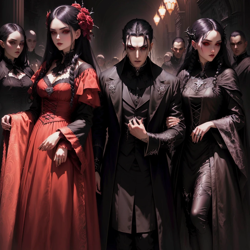 arafed image of a group of people dressed in gothic costumes, artstyle tom bagshaw, artgerm and tom bagshaw, kramskoi 4 k, vampire fashion, range murata and artgerm, carmilla vampire, style of tom bagshaw, vampires fantasy, neoartcore and charlie bowater, neo gothic, tom bagshaw artstyle