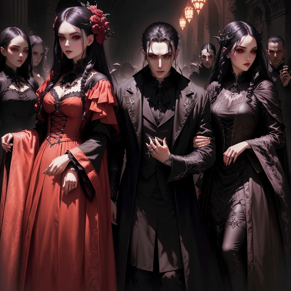 arafed image of a group of people dressed in gothic costumes, artstyle tom bagshaw, artgerm and tom bagshaw, kramskoi 4 k, vampire fashion, range murata and artgerm, carmilla vampire, style of tom bagshaw, vampires fantasy, neoartcore and charlie bowater, neo gothic, tom bagshaw artstyle