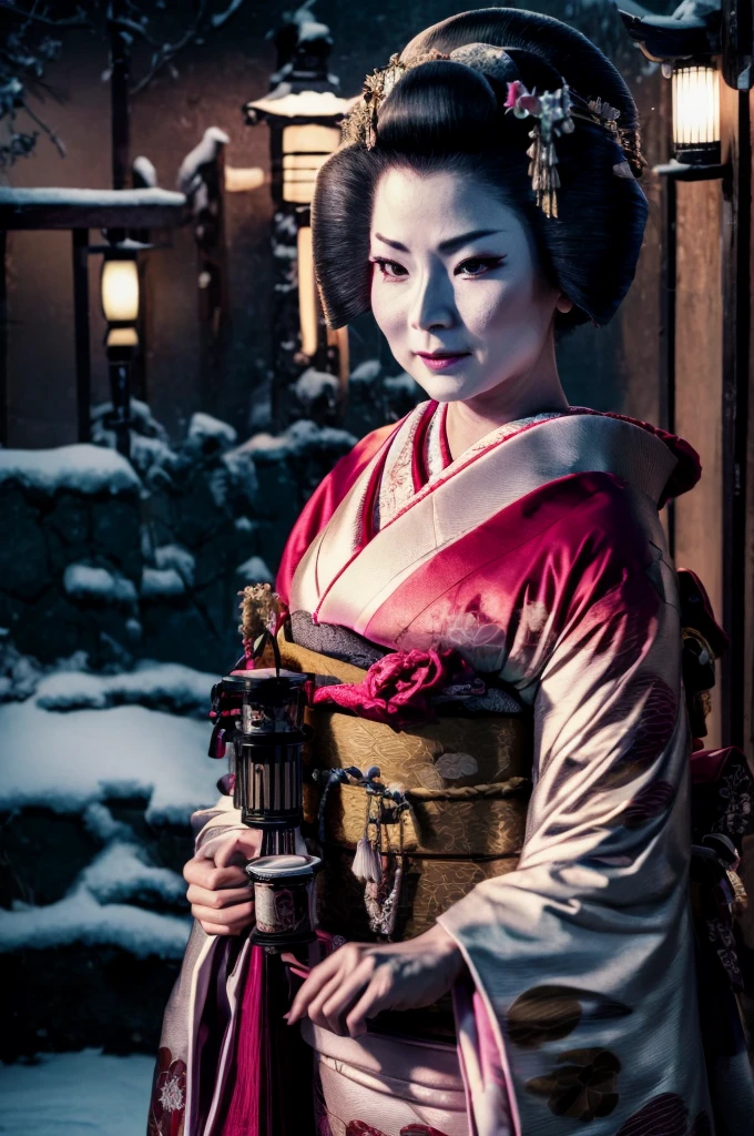 A mature woman in realistic portrait of high quality and detail, movie style, mature face, 43 years old, Geisha, white makeup, She has Japanese traditional hairstyle, traditional hairstyle-nihongami, black eyes, pale skin, asian girl, She is wearing a traditional Japanese pink kimono, blood on her clothes, medium breast, curvy, milf, mole on her face, dark fantasy, dark atmosphere, dramatic look, glow, eye shadow, 1girl, Depth & Perspective, melancholic face, fine face, She's standing in the japanese street, outdoors, snow on background, winter, night time, looking at viewer, (ultra-high detail:1.2), Masterpiece, Best Quality, Ultra-detailed, Cinematic lighting, 8K, delicate features, cinematic, 35 mm lens, f/1.9, highlight lighting, global lighting –uplight –v 4, cinematic, Cinematic lighting, 8K, high quality, Highest Quality, (Solo Focus), (extremly intricate:1.3), (Realistic), masterful, Analog style, (Film grain:1.5), (cold tone),