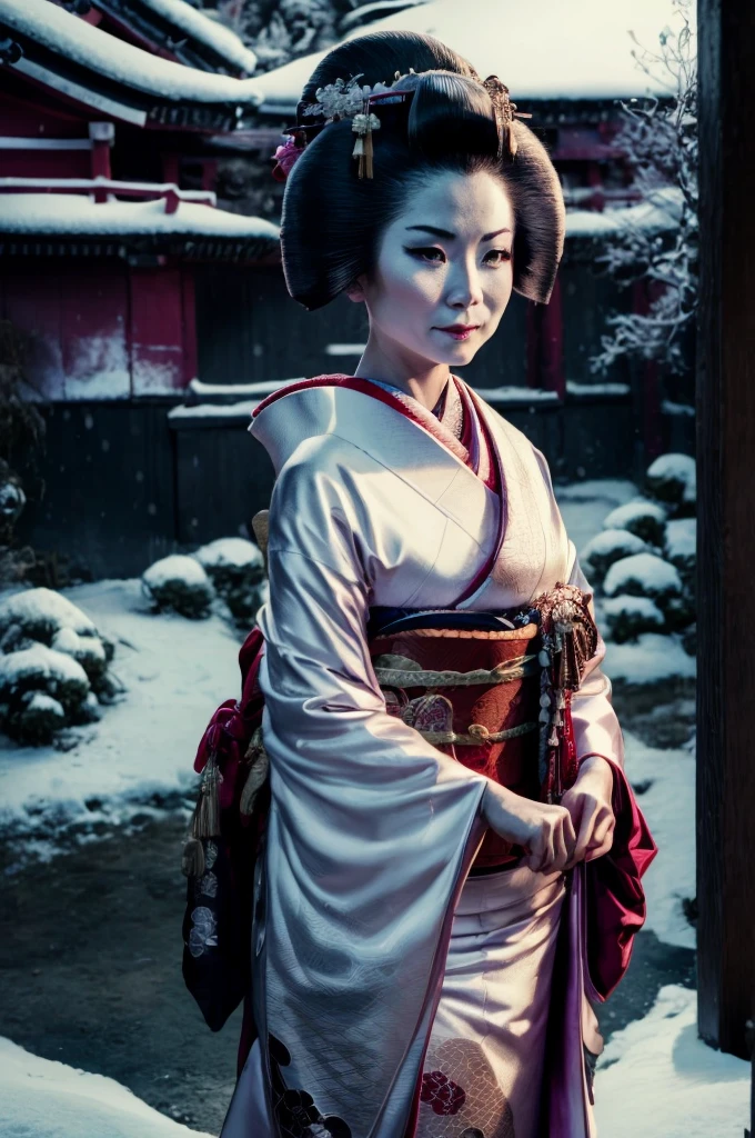 A  woman in realistic portrait of high quality and detail, movie style, mature 43 years old, Geisha, white makeup, She has Japanese traditional hairstyle, traditional hairstyle-nihongami, black eyes, pale skin, asian girl, She is wearing a traditional Japanese pink kimono, blood on her clothes, medium breast, curvf, mole on her , dark fantasy, dark atmosphere, dramatic look, glow, eye shadow, 1girl, Depth & Perspective, melancholic face, fine face, She's standing in the japanese street, outdoors, snow on background, winter, night time, looking at viewer, (ultra-high detail:1.2), Masterpiece, Best Quality, Ultra-detailed, Cinematic lighting, 8K, delicate features, cinematic, 35 mm lens, f/1.9, highlight lighting, global lighting –uplight –v 4, cinematic, Cinematic lighting, 8K, high quality, Highest Quality, (Solo Focus), (extremly intricate:1.3), (Realistic), masterful, Analog style, (Film gr1.5), (cold tone),
