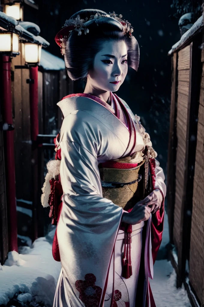 A mature woman in realistic portrait of high quality and detail, movie style, mature face, 43 years old, Geisha, white makeup, She has Japanese traditional hairstyle, traditional hairstyle-nihongami, black eyes, pale skin, asian girl, She is wearing a traditional Japanese pink kimono, blood on her clothes, medium breast, curvy, milf, mole on her face, dark fantasy, dark atmosphere, dramatic look, glow, eye shadow, 1girl, Depth & Perspective, melancholic face, fine face, She's standing in the japanese street, outdoors, snow on background, winter, night time, looking at viewer, (ultra-high detail:1.2), Masterpiece, Best Quality, Ultra-detailed, Cinematic lighting, 8K, delicate features, cinematic, 35 mm lens, f/1.9, highlight lighting, global lighting –uplight –v 4, cinematic, Cinematic lighting, 8K, high quality, Highest Quality, (Solo Focus), (extremly intricate:1.3), (Realistic), masterful, Analog style, (Film grain:1.5), (cold tone),