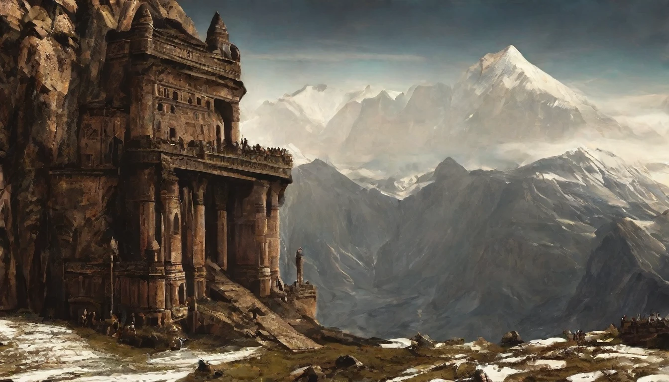 view of the mountain range, great mountains, snow-capped peaks, in the rocky slope is carved out ob obious building, massive walls, ancient building, monumental, dark, desolate, fortress built into the mountain, dark fantasy