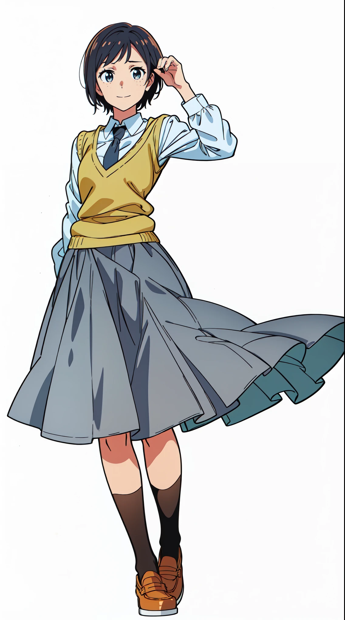 (white background:1.0), (best quality:1.0), (masterpiece:1.0), (super fine illustration:1.0), (beautiful artwork:1.0), (anime screencap:1.0), (official art:1.0), (solo:1.0), (a 18yo cute girl:1.0), (long skirt:1.0), (gray skirt:1.0), (pleated skirt:1.0), (khaki knit vest:1.0), (white long sleeve collared shirt:1.0), (dark blue necktie:1.0), (loafers:1.0), (black socks:1.0), (ideal ratio body proportions:1.0), (lanky:1.0), (tall:1.0), (slender:1.0), (small breasts:1.0), (smaller face:1.0), (freckles:1.0), (cheerful:1.0), (detailed beautiful eyes:1.0), (detailed beautiful face:1.0), (glowing black eyes:1.0), (very short hair:1.0), (swept bangs:1.0), (black hair:1.0), (standing:1.0), (looking at viewer:1.0)