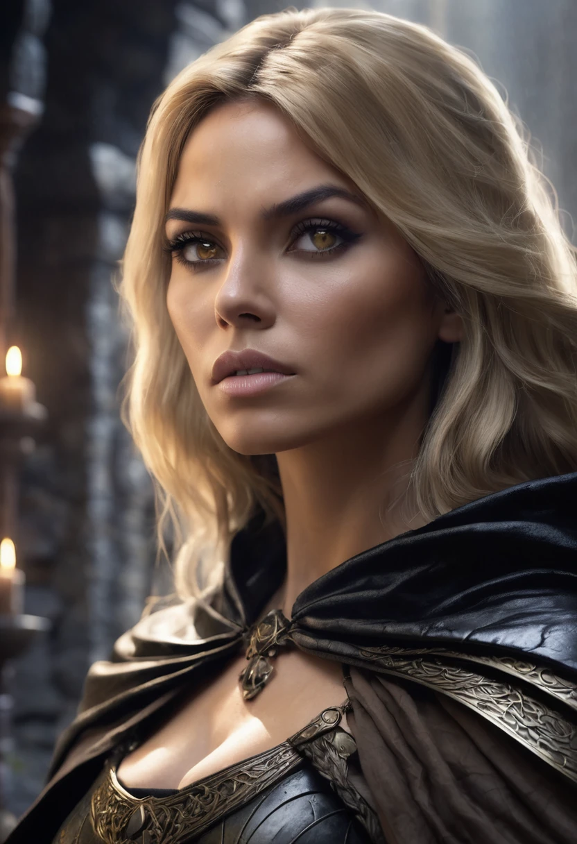 1 woman, she is a witch, inside a dark and gloomy castle made of stones, wearing armor with a black cloth cape around it, detailed facial features, female light brown eyes, detailed tan skin, dark woman, pixie brown blonde hair, dramatic lighting, cinematic composition, dark palette, dark colors, atmospheric fog, thin chin, serious face, serious face, strong and beautiful woman (best quality, 4K, 8K, high resolution, art: 1.2), ultra detailed (realistic, photorealistic, photorealistic: 1.37)