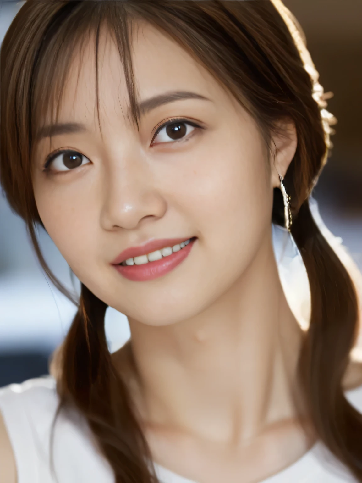 One Japanese woman, Close-up of face、Facing the audience、Watching the audience、Light brown hair、35-year-old housewife、(Skin-toned sleeveless T-shirt:1.3)、Highly detailed eyes and face, Beautifully detailed nose, Beautiful attention to detail, light brown hair, short ponytail, hair behind ear, widow's peak, hoop earrings, grin, depth of field, uhd, anatomically correct, textured skin, best quality, 8k, Sharp focus、Cinema lighting、