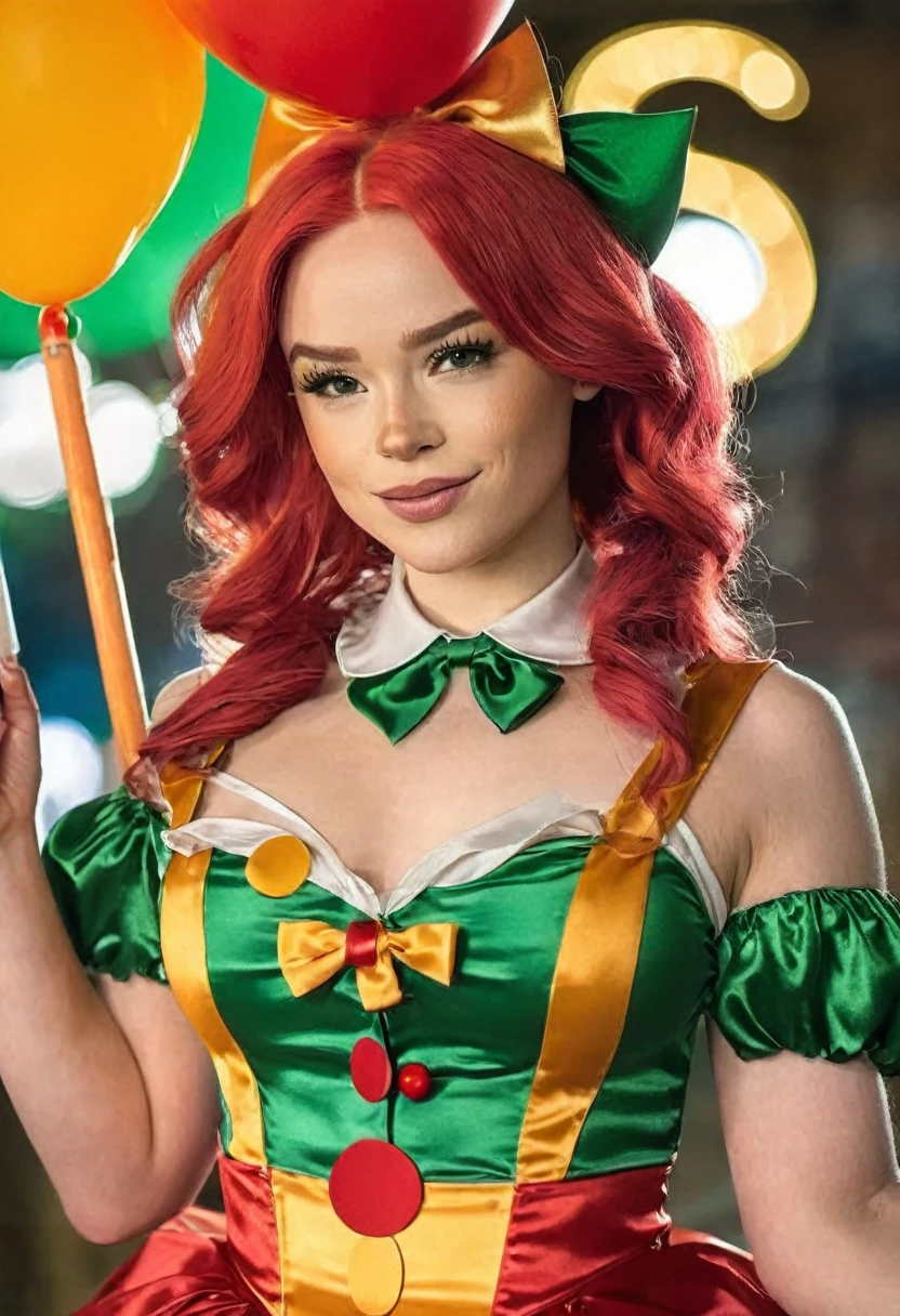 ((high quality:1.2)), (8k), extremely detailed, ((High detail:1.2)), ((best resolution:1.4)), (Elsa Jean), Solo, ((24 years old irish red-haired female:1.45)), ((clown outfit)), 
