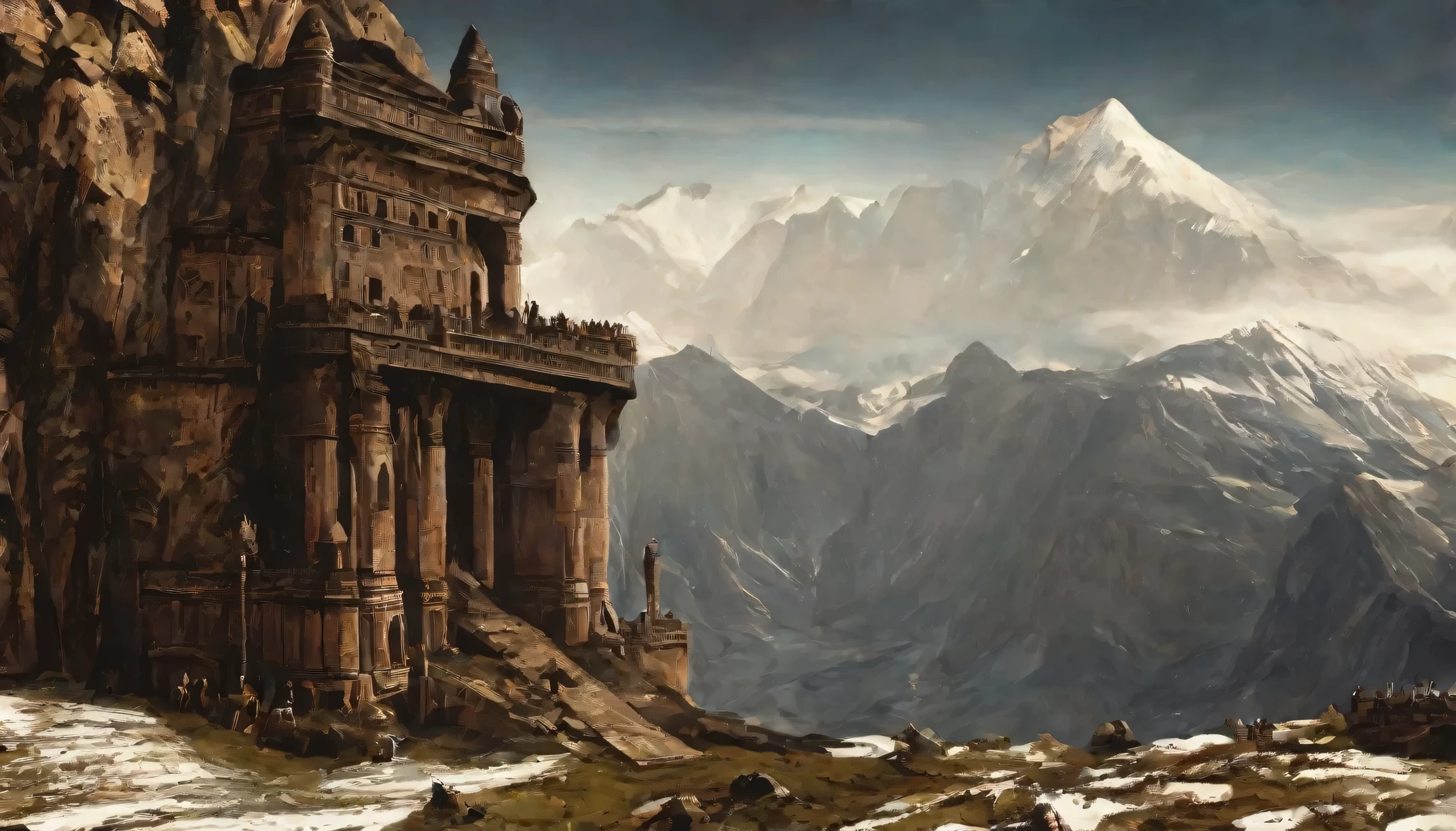 view of the mountain range, great mountains, snow-capped peaks, in the rocky slope is carved out ob obious building, massive walls, ancient building, monumental, dark, desolate, fortress built into the mountain, dark fantasy