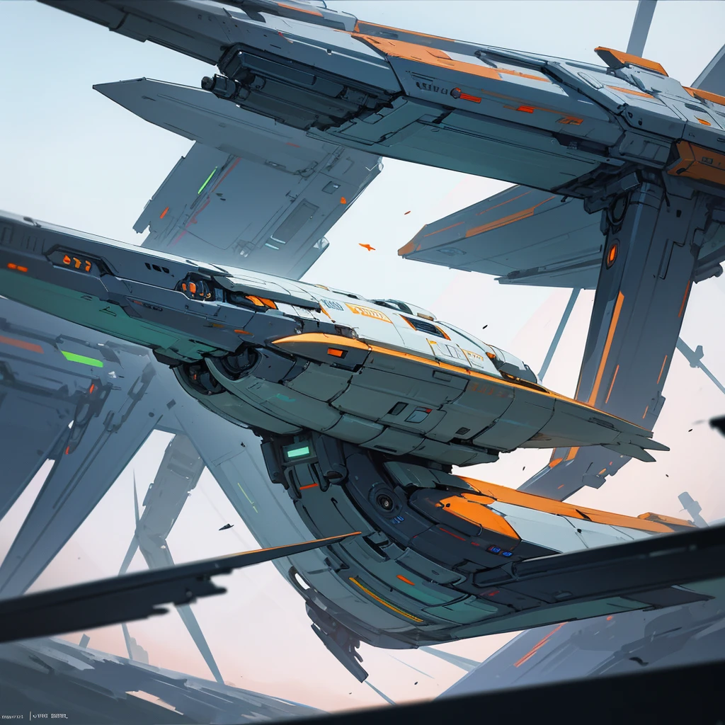 create the scenery of a futuristic spaceship in orange, she must be worn out. do it in a futuristic setting, it must have wings and weapons on its outside