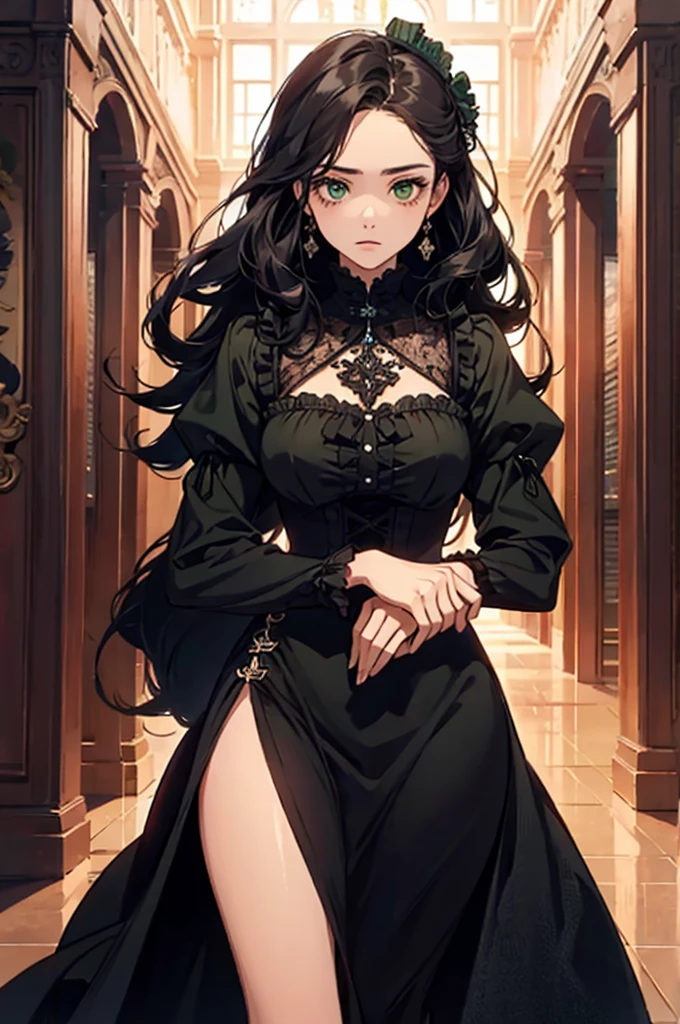 high resolution、masterpiece、Black Hair、Long Hair、Curly Hair、Deep green eyes、serious、Noble daughter、Victorian、Neat and clean dresses、elegant、beautiful girl