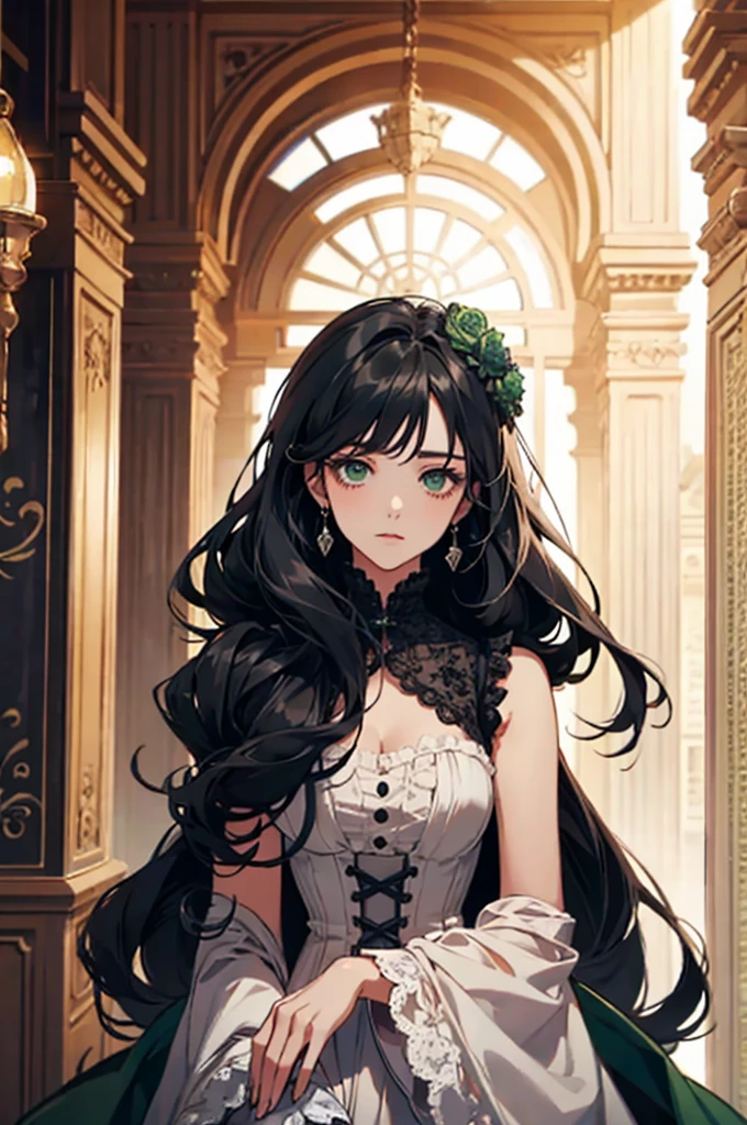 high resolution、masterpiece、Black Hair、Long Hair、Curly Hair、Deep green eyes、serious、Noble daughter、Victorian、Neat and clean dresses、elegant、beautiful girl
