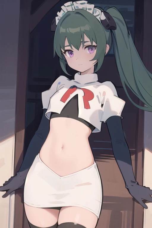 (best quality:1.3),(masterpiece:1.3),(illustration:1.3),(ultra-detailed:1.3),(imid shot:0.9),
1girl,solo,short neck,small breasts,
purple eyes,
twintails, maid headdress,green hair, team rocket,team rocket uniform,white skirt,red letter R,crop top,black thigh-highs,black elbow gloves