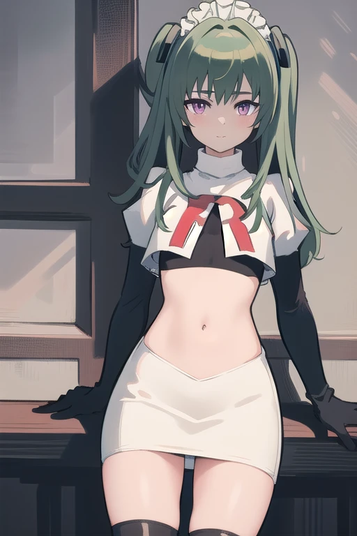 (best quality:1.3),(masterpiece:1.3),(illustration:1.3),(ultra-detailed:1.3),(imid shot:0.9),
1girl,solo,short neck,small breasts,
purple eyes,
twintails, maid headdress,green hair, team rocket,team rocket uniform,white skirt,red letter R,crop top,black thigh-highs,black elbow gloves