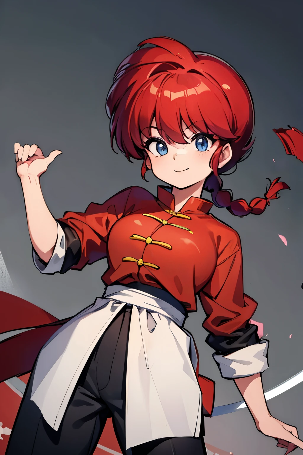 (masterpiece, Highest quality:1.2), Expressive eyes, Perfect Face, High resolution, One girl, alone, Ranma the Girl, Braided Ponytail, Chinese clothing, Tangzhuang, Black trousers, smile, Fighting Pose, Are standing, Cowboy Shot, Looking at the audience