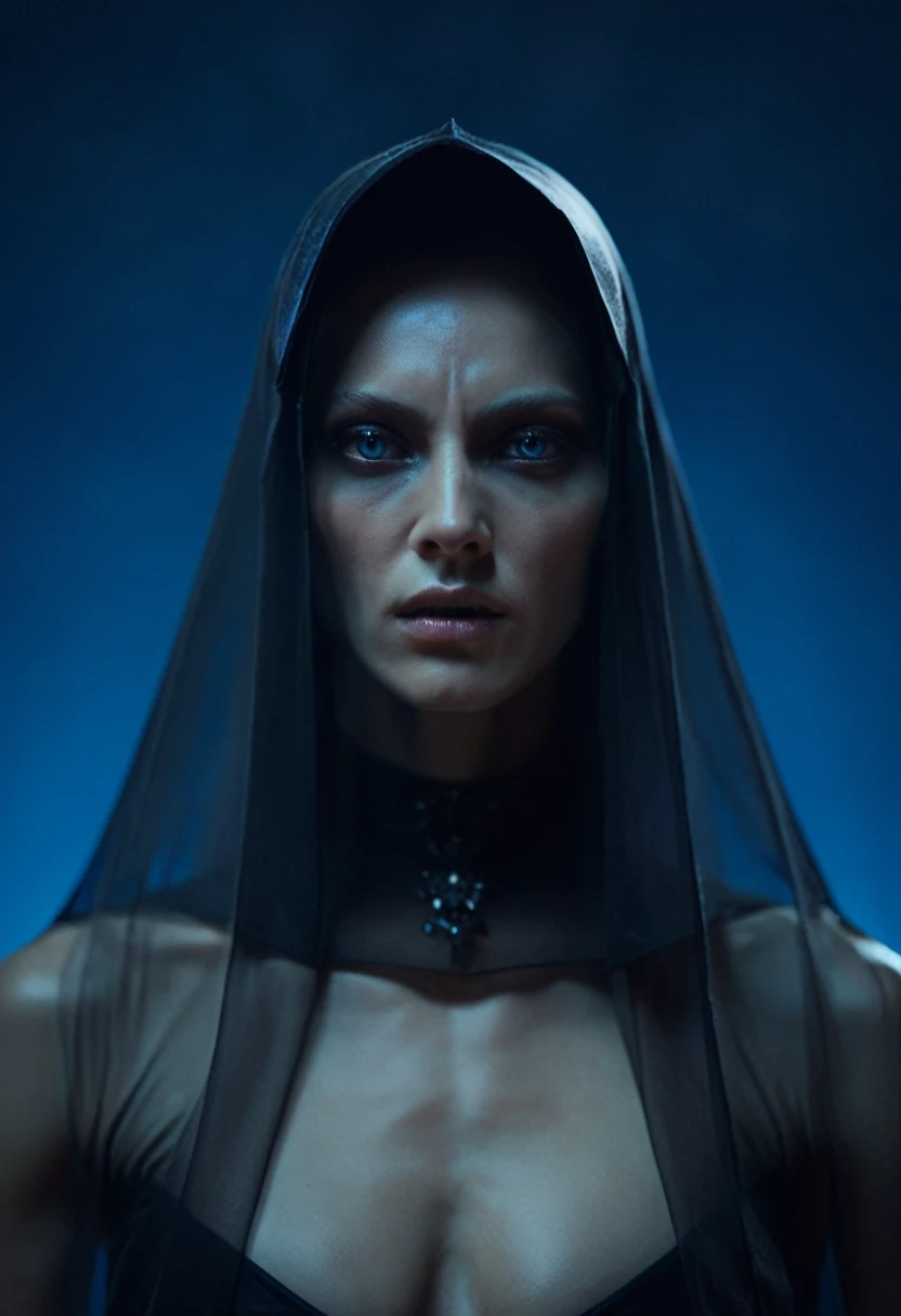 Fashionable of androgynous alien looking witch wearing veil, glowing eyes, beautiful evil slavic muscular woman, pale skin, long dark blond hair, futuristic design, minimal details, givenchy, photoreal, 200mm, hd, f/ 2.0, highly detailed, surreal , drop dead, in the style of red and blue, (intricate details, hyperdetailed:1.15) (skin texture:1.2), cinematic, professional, 4k, (((dynamic model pose))), sitting, full body