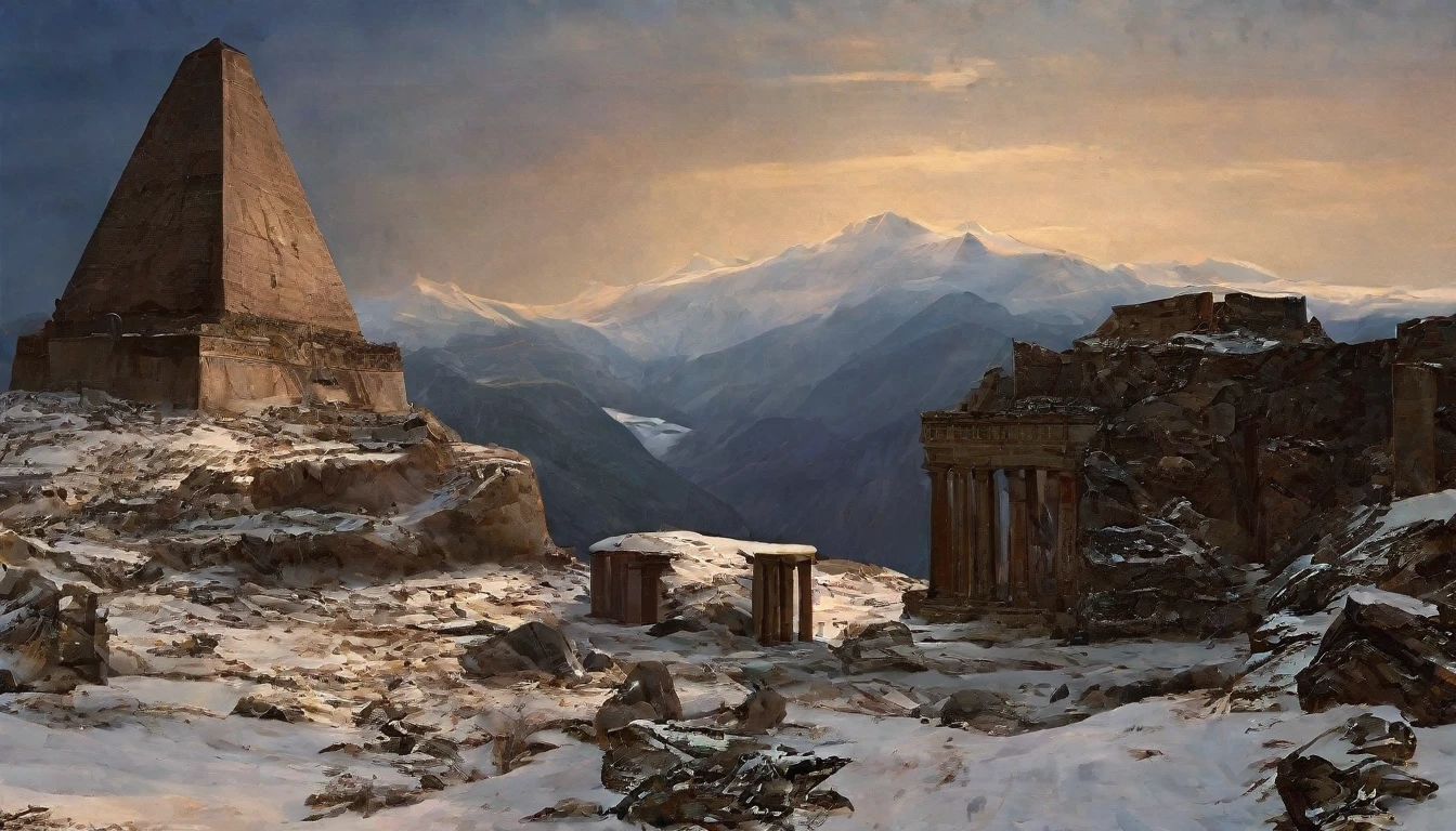 view of the mountain range, great mountains, snow-capped peaks, in the rocky slope is carved an obelisk, massive walls, ancient building, monumental, dark, desolate, austere land, fortress built into the mountain extended mountainside